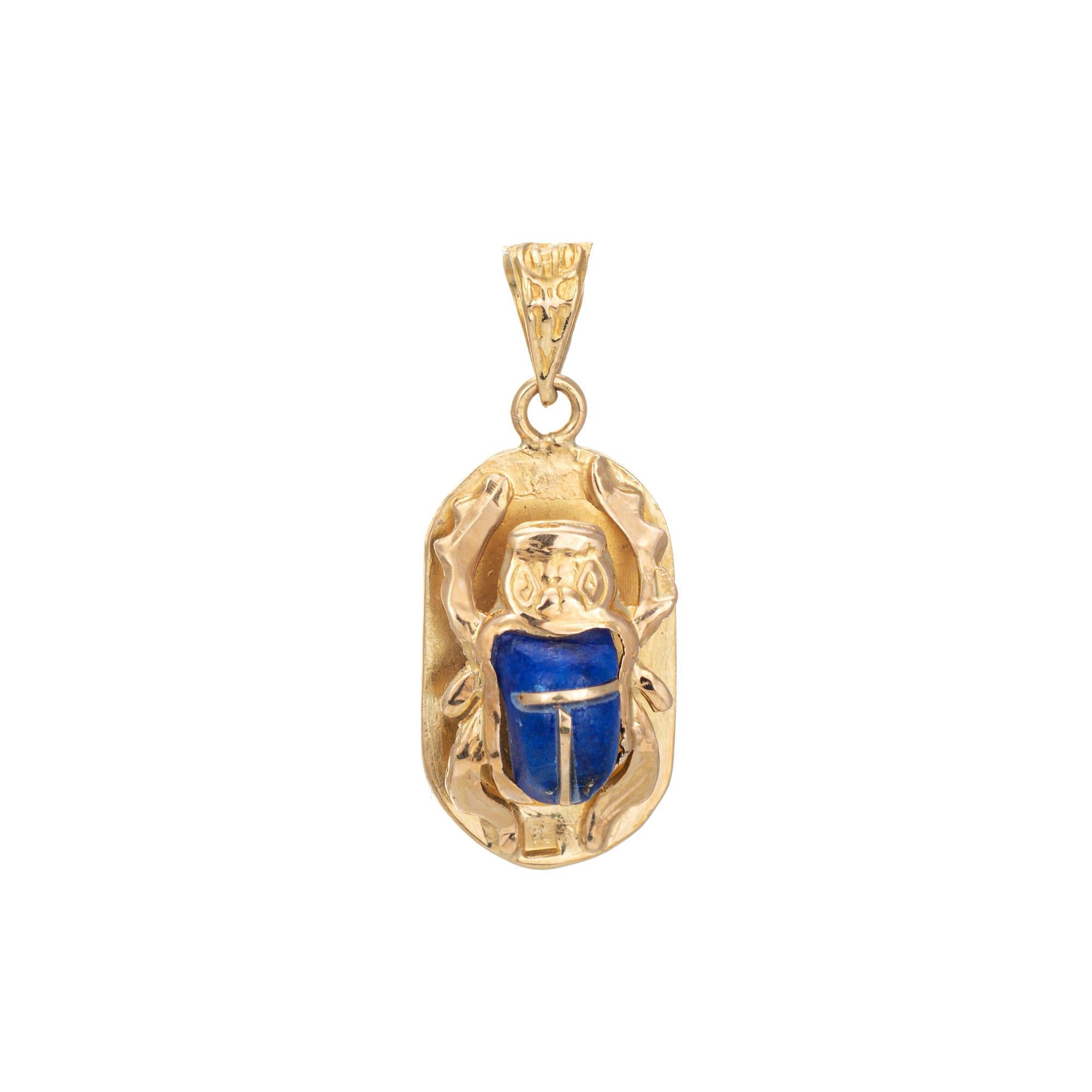 Modern Scarab Beetle Charm Vintage 18k Gold Small Pendant Lapis Egyptian Jewelry