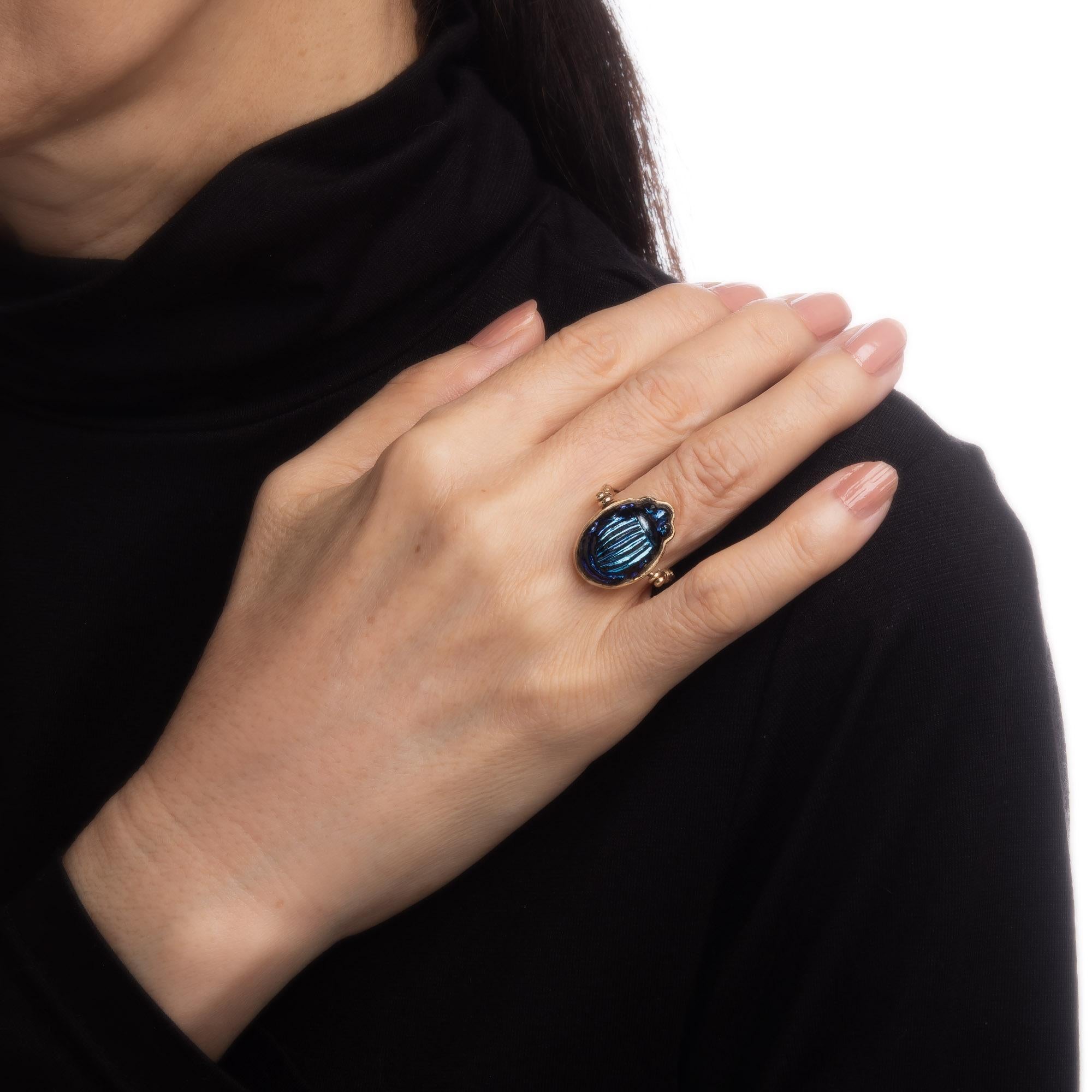 Modern Scarab Beetle Flip Ring Estate 14k Yellow Gold Egyptian Hieroglyphs Jewelry