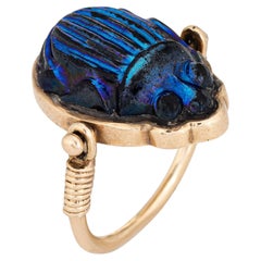 Retro Scarab Beetle Flip Ring Estate 14k Yellow Gold Egyptian Hieroglyphs Jewelry