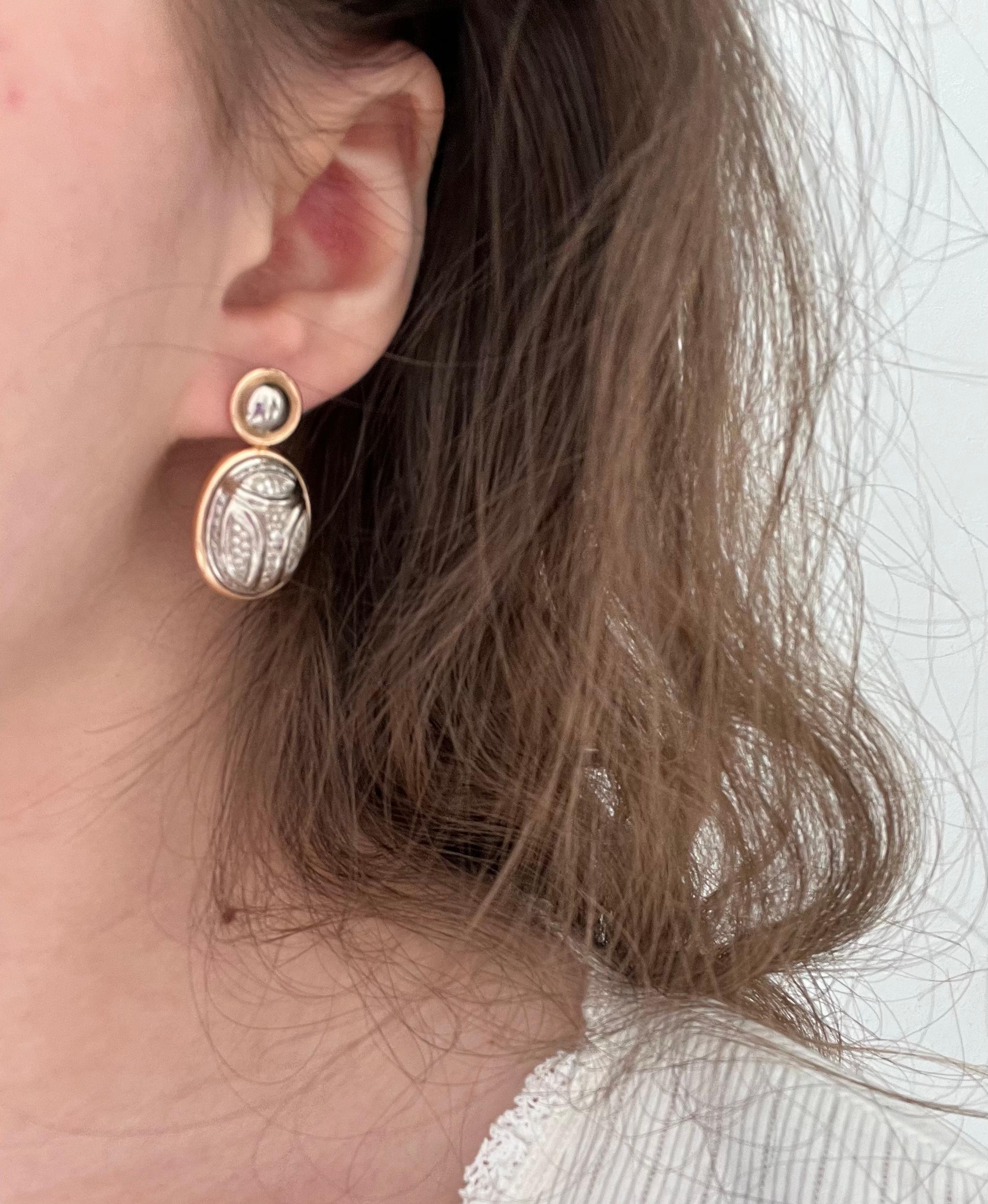 Round Cut Scarab Earrings in 18 K White and Rose Gold with Diamonds For Sale