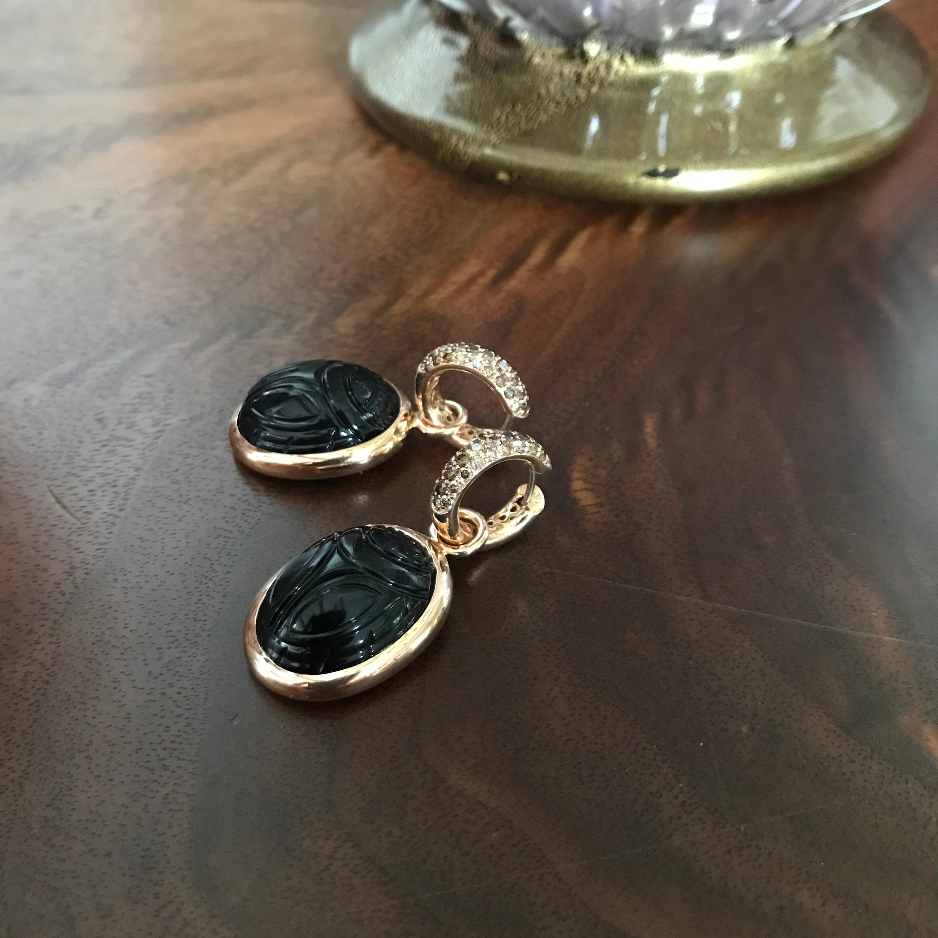 Round Cut Scarab Earrings in 18 Carat Rose Gold, 2 Onxyes and Cognac Coloured Diamonds