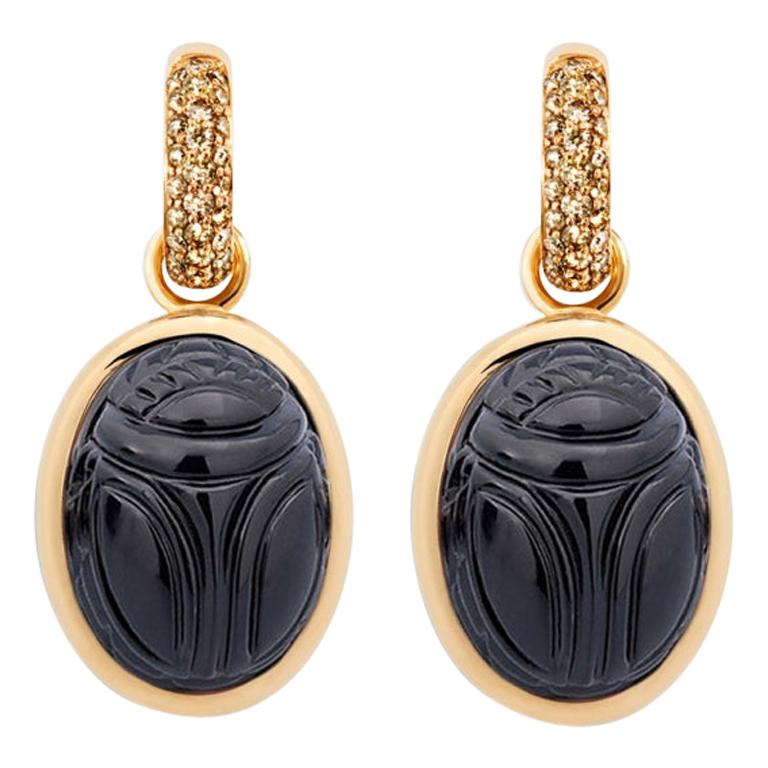 Scarab Earrings in 18 Carat Rose Gold, 2 Onxyes and Cognac Coloured Diamonds