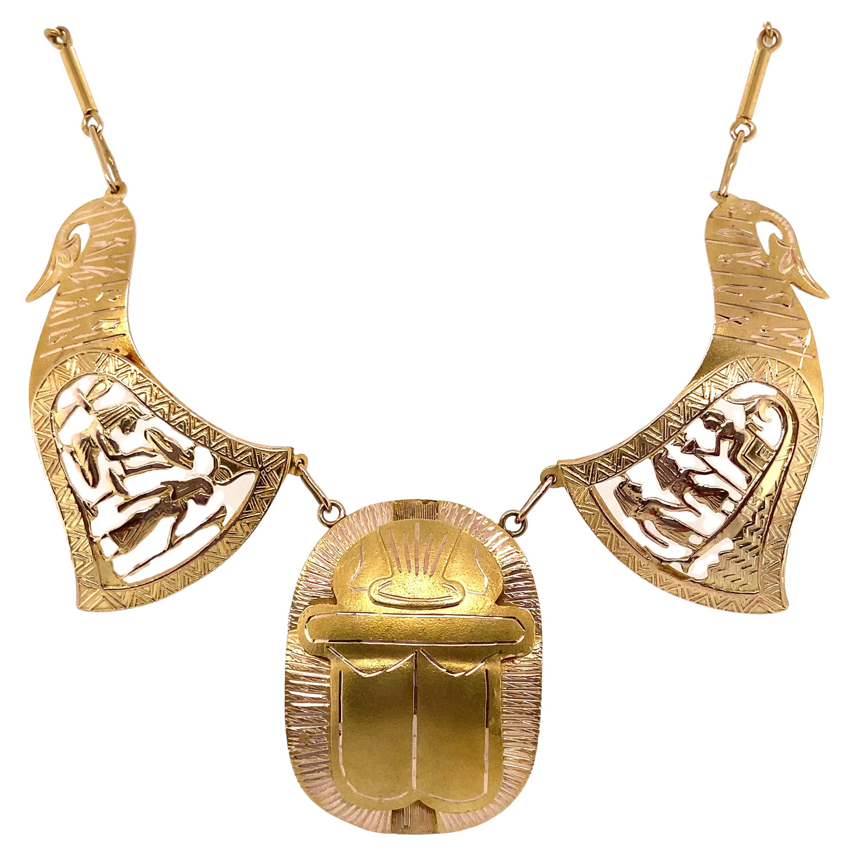 Scarab Egyptian Hieroglyphic Yellow and Rose Gold 18" Bib Necklace