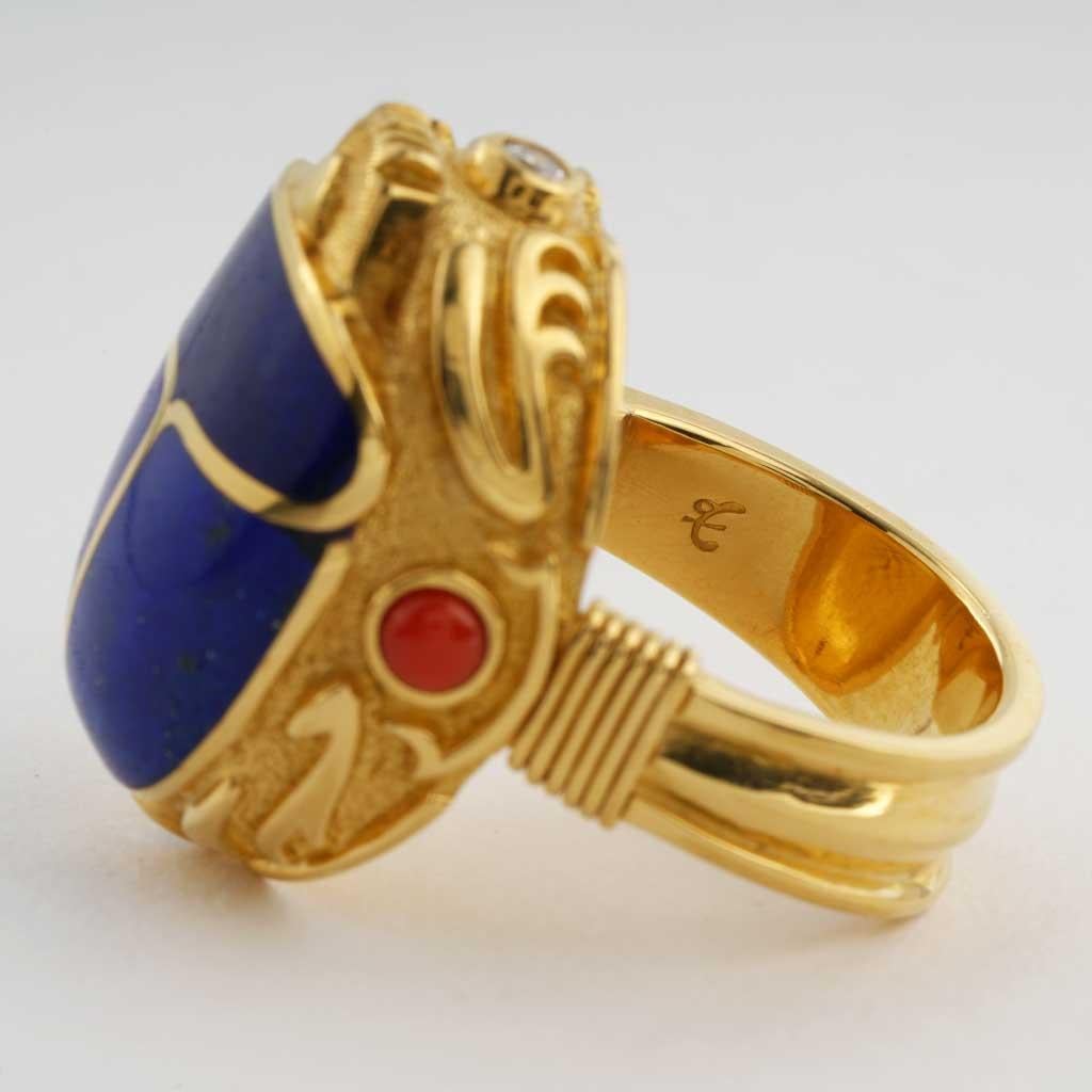 Art Deco Scarab Lapis Lazuli Ring 18K Yellow Gold For Sale