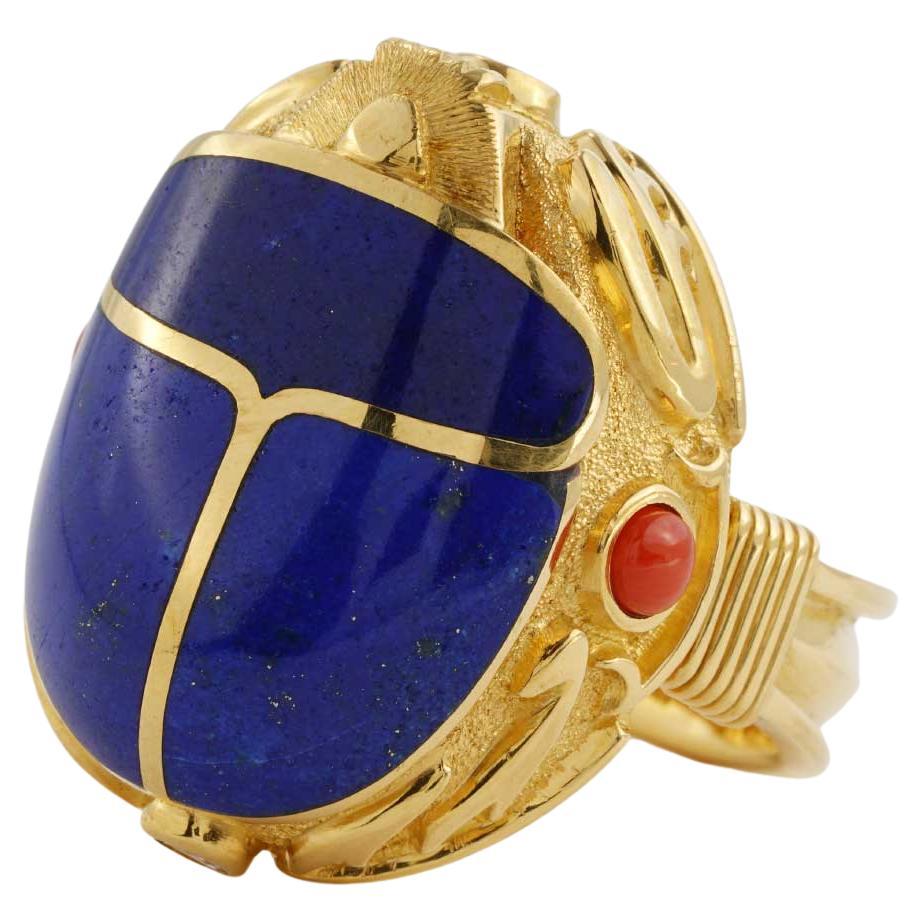 Scarab Lapis Lazuli Ring 18K Yellow Gold For Sale