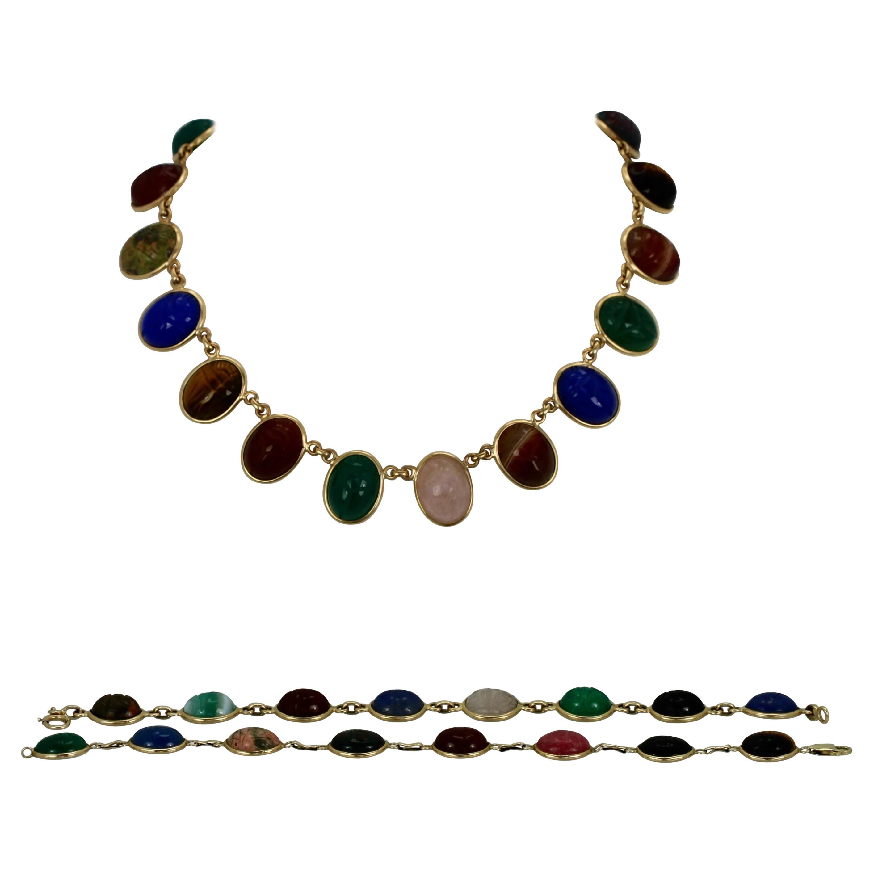 Scarab Multi Stone Necklace Plus Two Matching Bracelets