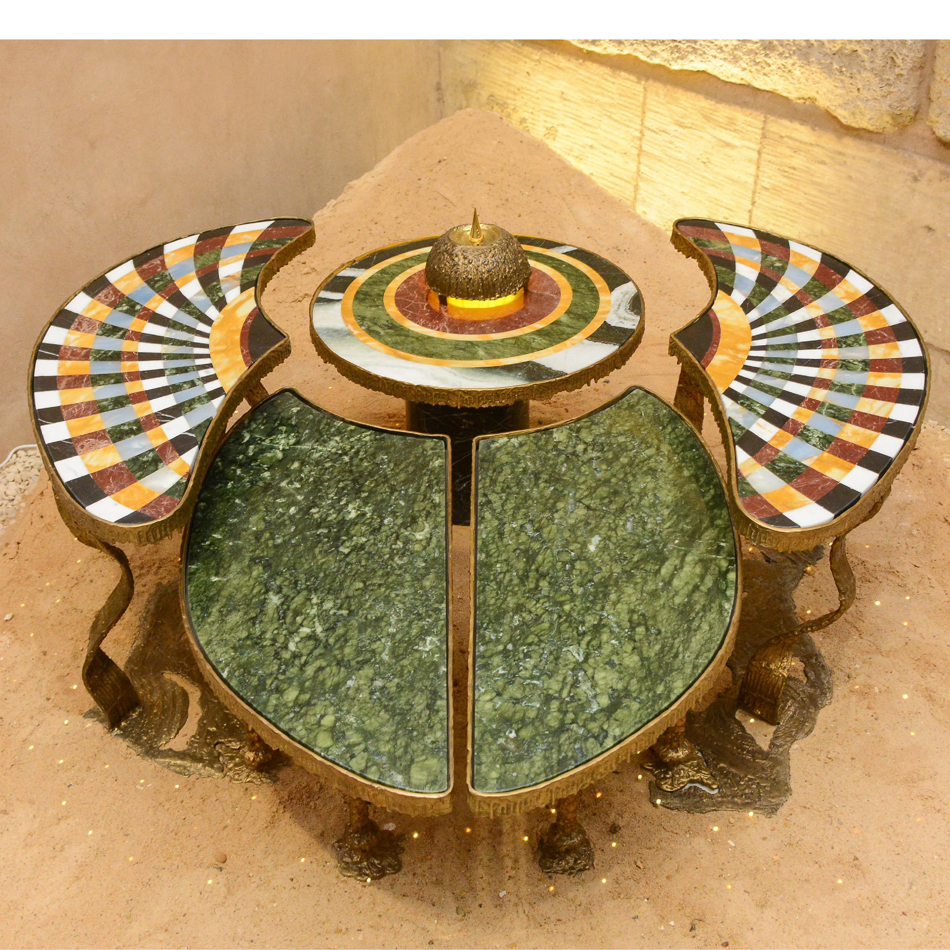The scarab table is a captivating masterpiece that blends symbolism and design, inspired by the ancient Egyptian scarab. Intricate legs depict the scarab beetle's transformative journey, while delicate wings -that look like the lotus-symbolize