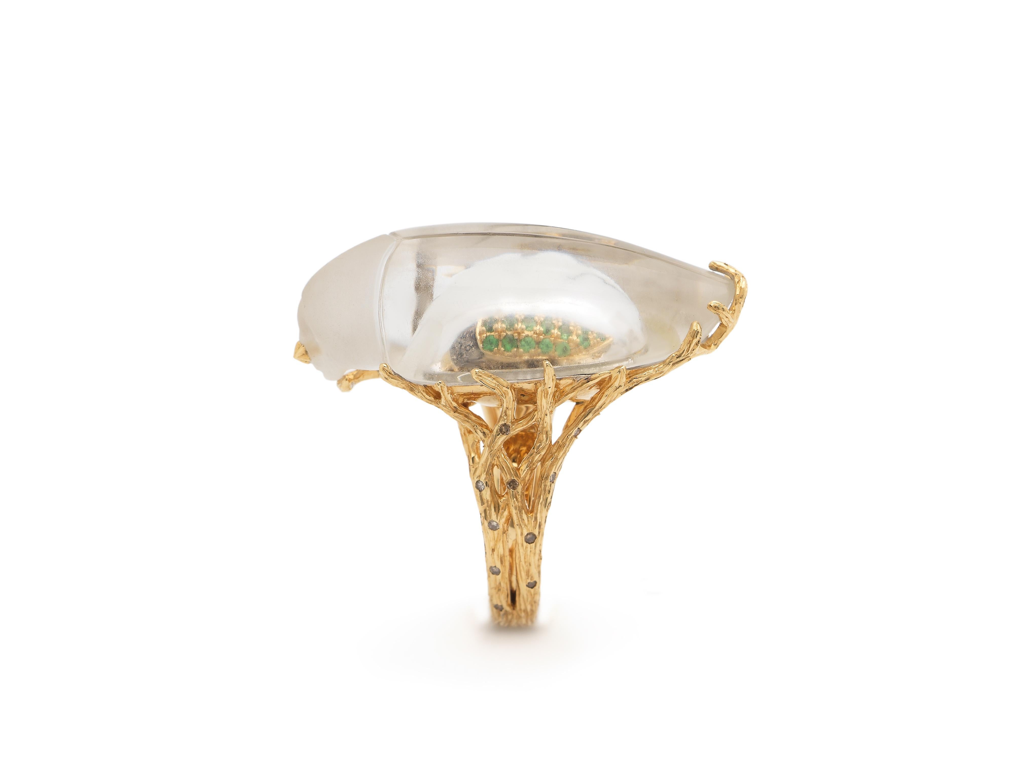 Scarab Quartz Ring in Yellow Gold with Diamonds Tsavorites and Rock Crystal In New Condition For Sale In Amsterdam, NL