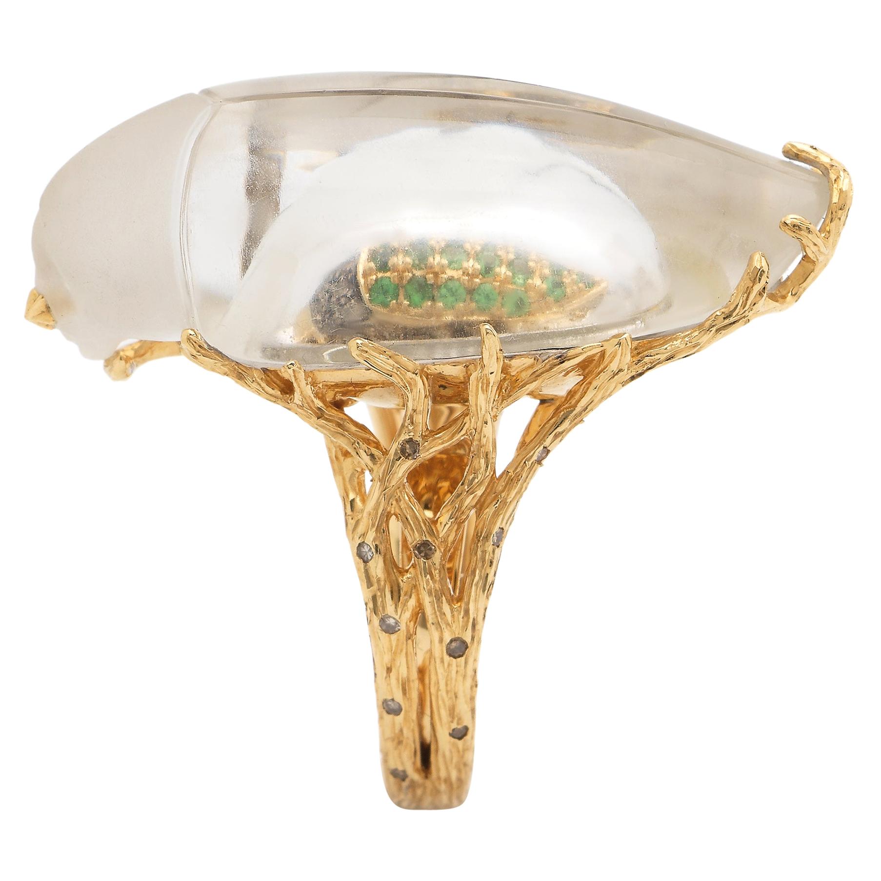 Scarab Quartz Ring in Yellow Gold with Diamonds Tsavorites and Rock Crystal For Sale