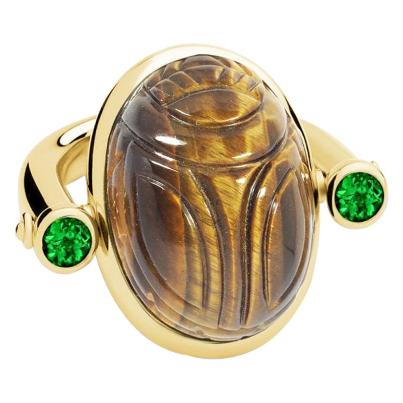 Scarab Ring, 18 Karat Yellow Gold, Tiger's Eye 19.81 Carat, Emeralds 0.30 Carat