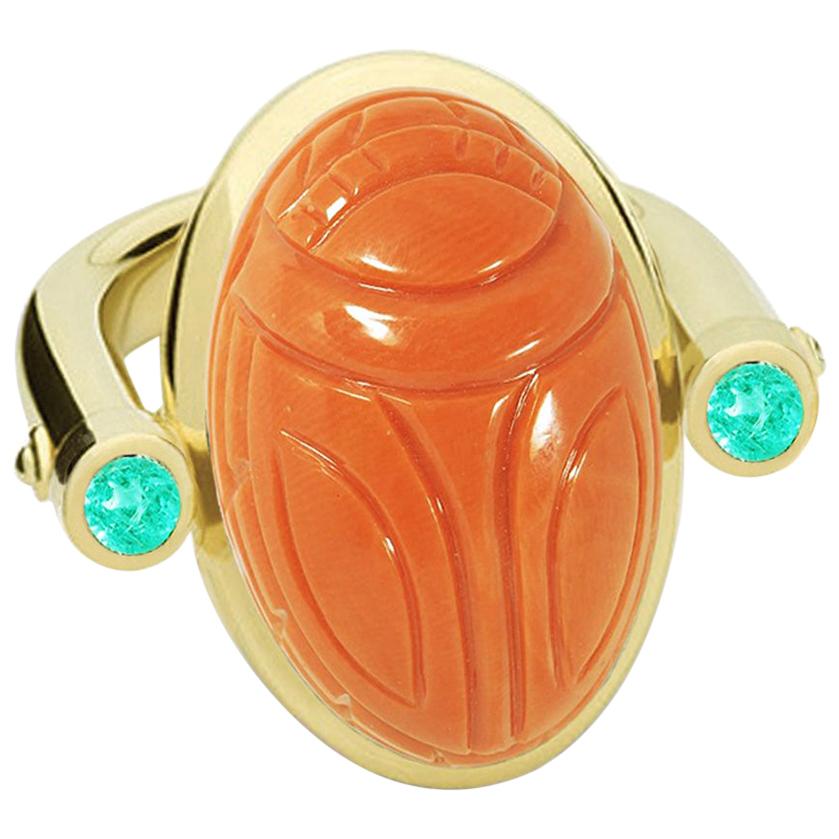 Scarab Ring, 18K Yellow Gold, Coral 31.76 Carat, Paraiba Tourmalines 0.29 Carat