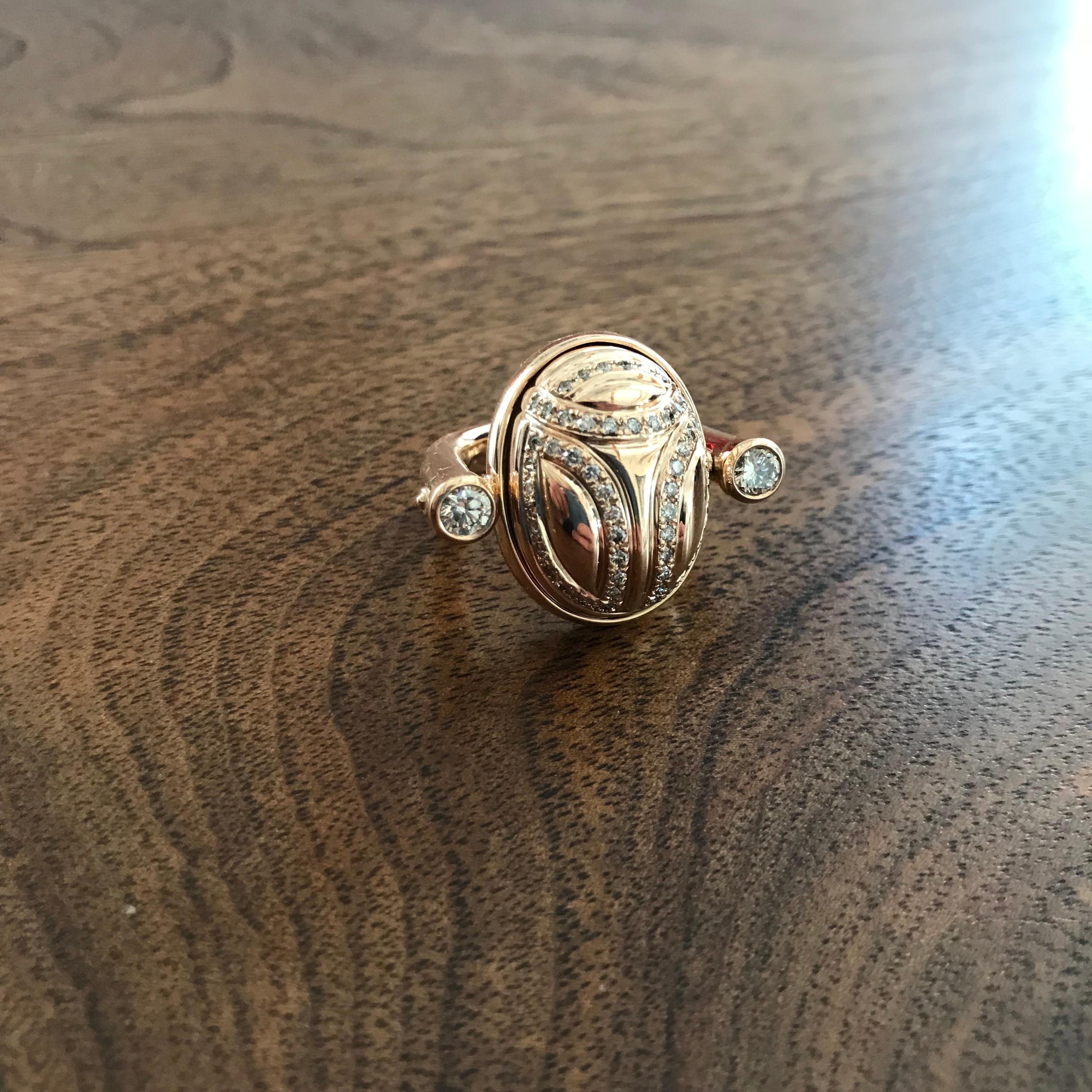 Egyptian Revival Scarab Ring in 18 Carat Rose Gold and Cognac Colored Diamonds 1.05 Carat