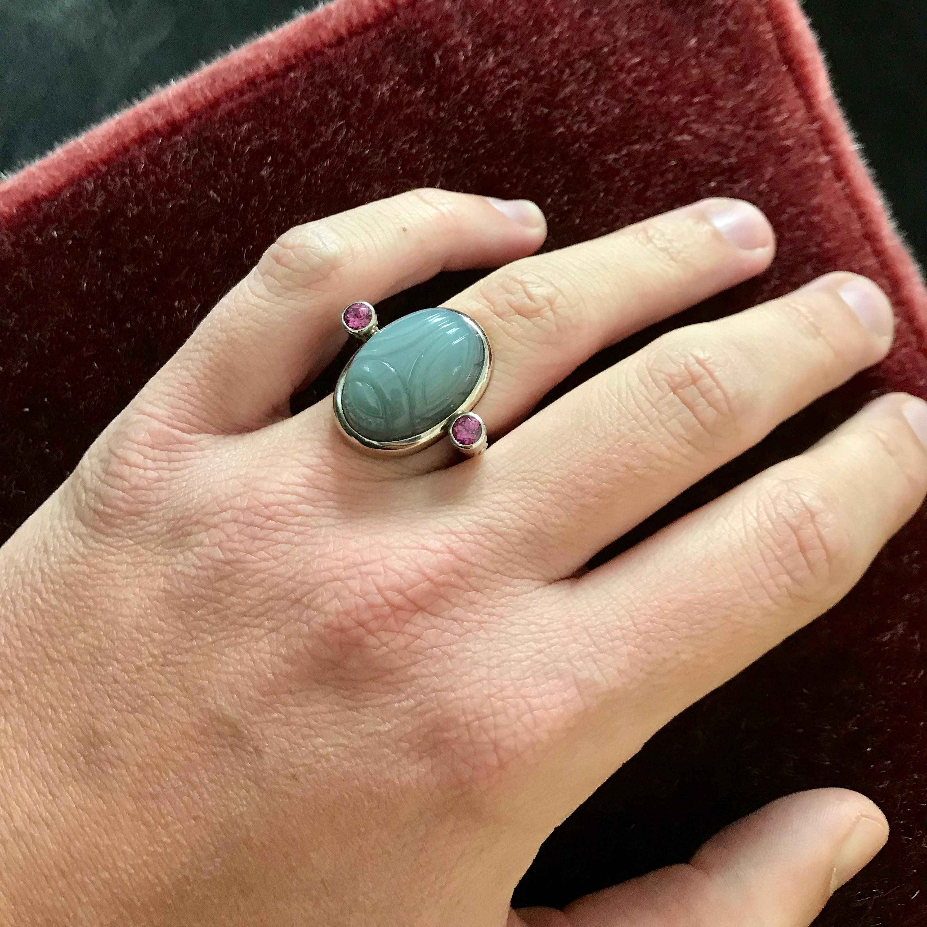 The most popular and widely recognised collection by Colleen B. Rosenblat. Engraved with the characteristic scarab motif, these colourful gems have been considered as lucky charms since ancient Egyptian times.

The ring size is US 8.0 (EU 57).