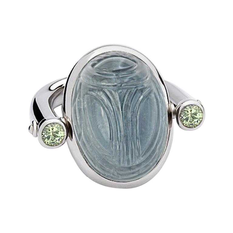 Scarab Ring in 18 Carat White Gold, 1 Tourmaline 23.29Ct, 2 Tourmalines 0.50Ct