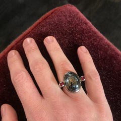 Scarab Ring in 18 kt White Gold, 1 Hematite 42.34 Carat, 2 Rubellites 0.55 Carat