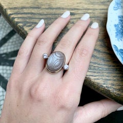Scarab Ring in 18kt White Gold, 1 Moonstone of 17.1 Carat, 2 Tourmalines 0.60 ct