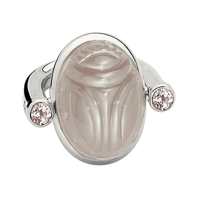 Scarab Ring in 18kt White Gold, 1 Moonstone of 17.1 Carat, 2 Tourmalines 0.60 ct