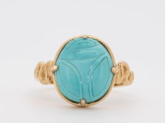 Scarab Turquoise Carving with Snake Coil 14K Gold Ring Hand Carved Natural R6802