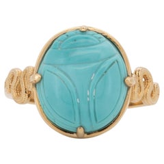 Scarab Turquoise Carving with Snake Coil 14K Gold Ring Hand Carved Natural R6802