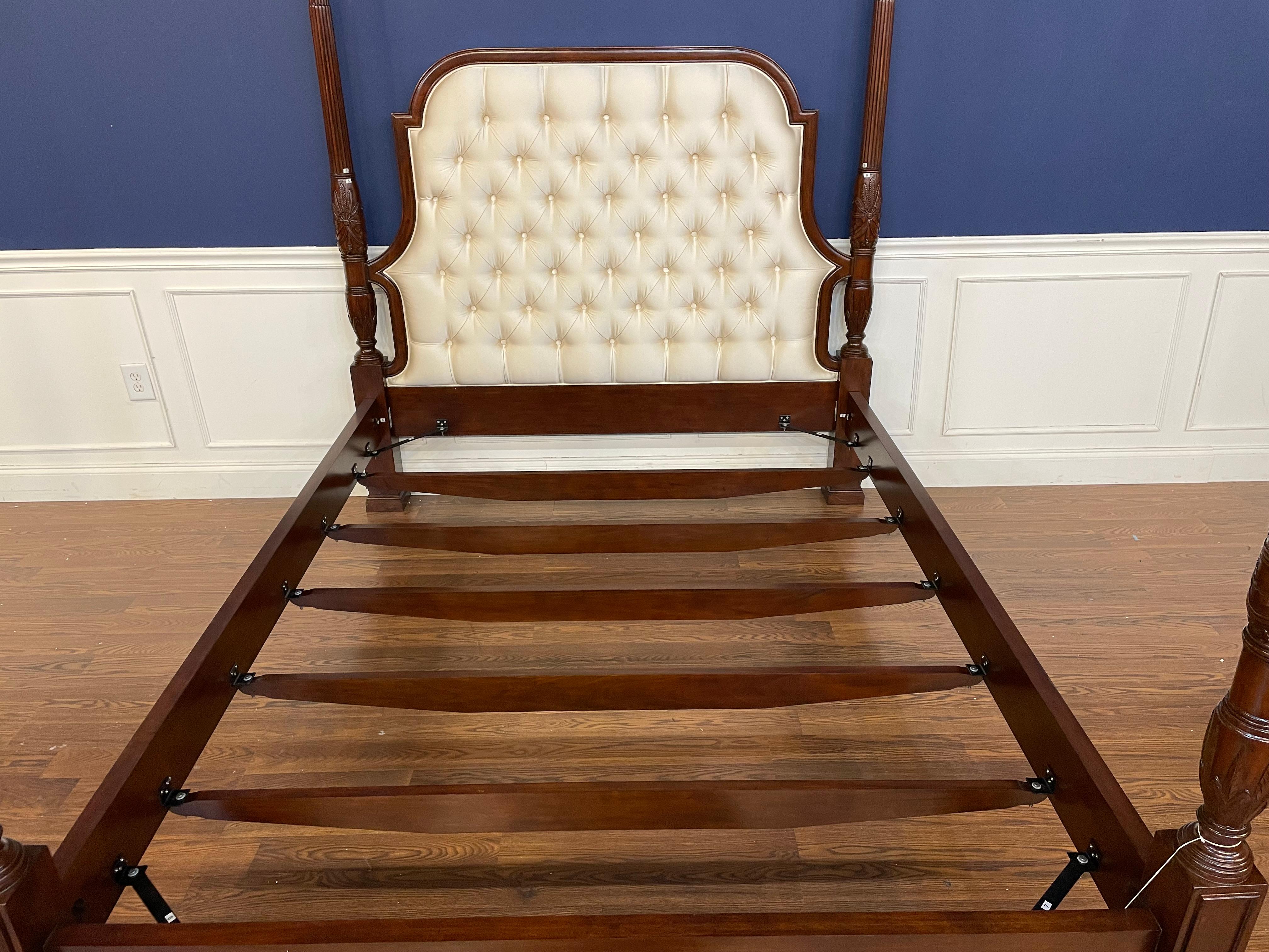 Scarborough House Queen Size Upholstered Mahogany FourPost Bed - Showroom Sample In Distressed Condition For Sale In Suwanee, GA