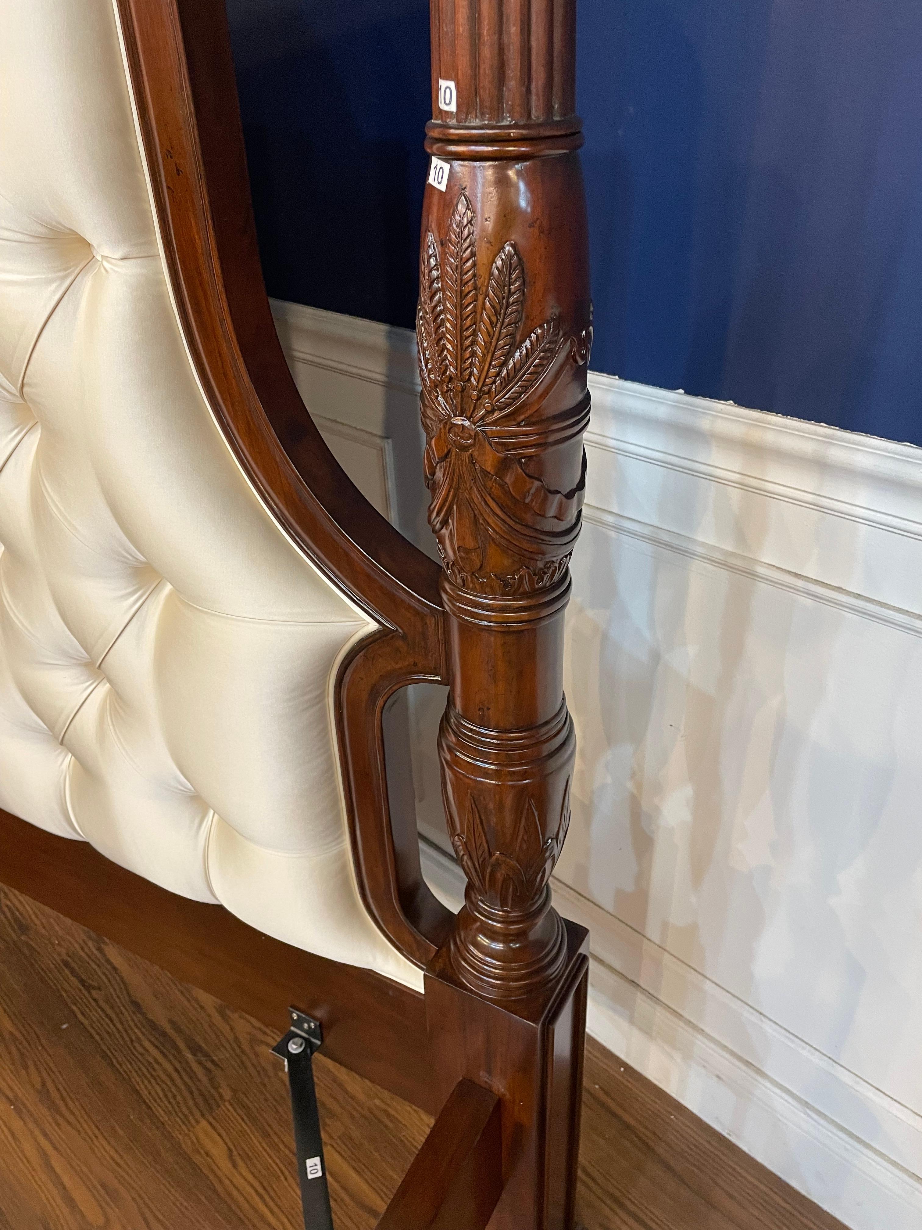 Scarborough House Queen Size Upholstered Mahogany Two Post Bed - Showroom Sample In Distressed Condition For Sale In Suwanee, GA