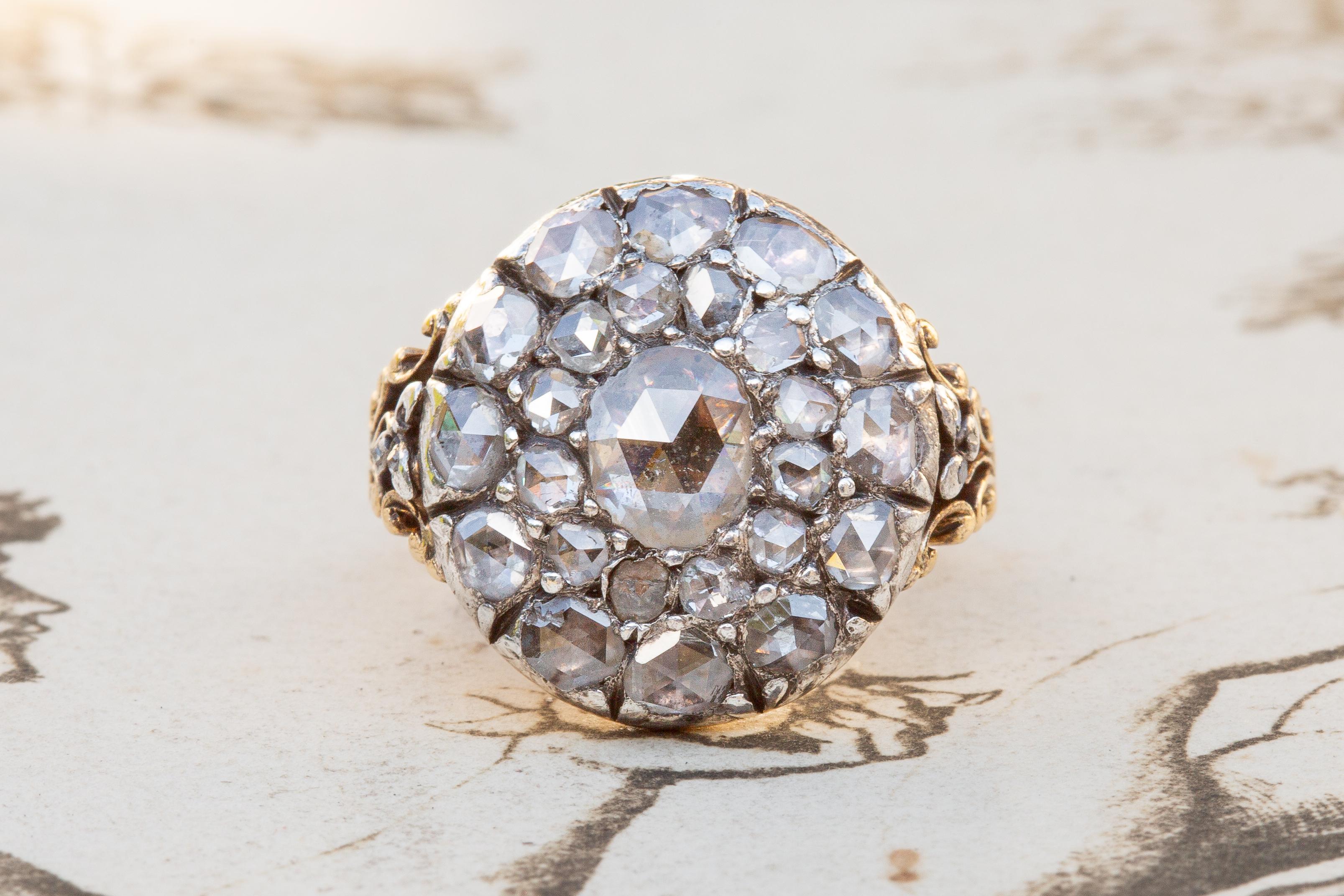 A superb 18th century Rococo diamond cluster ring made in Western Europe (Germany or Holland), circa 1760. Three concentric rows of foil-backed rose cut diamonds are set in closed back collet settings. The silver-topped gold bezel is typical of