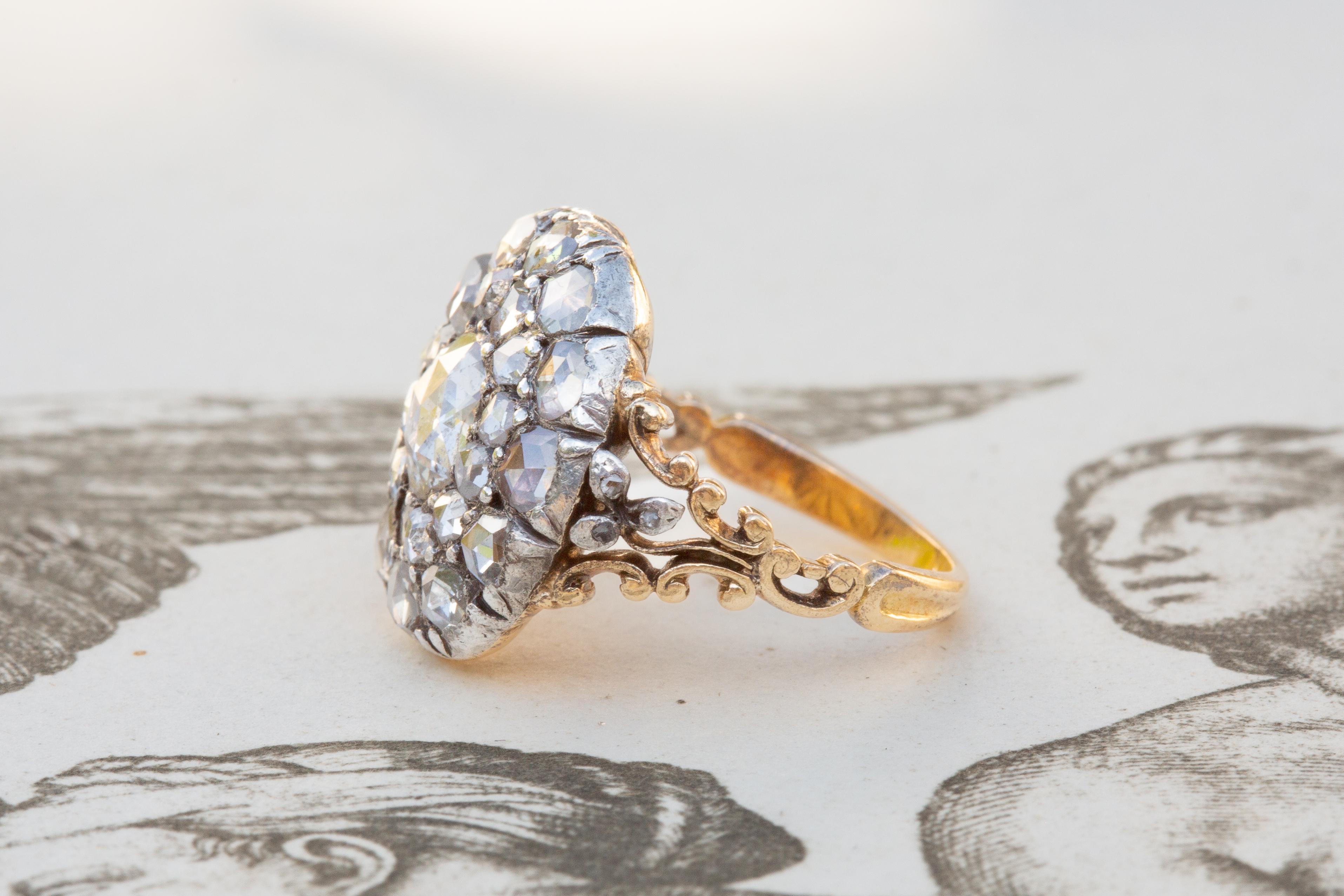 Scarce 18th Century Georgian Rococo Diamond Cluster Ring c. 1760 Rose Cut  In Excellent Condition For Sale In London, GB