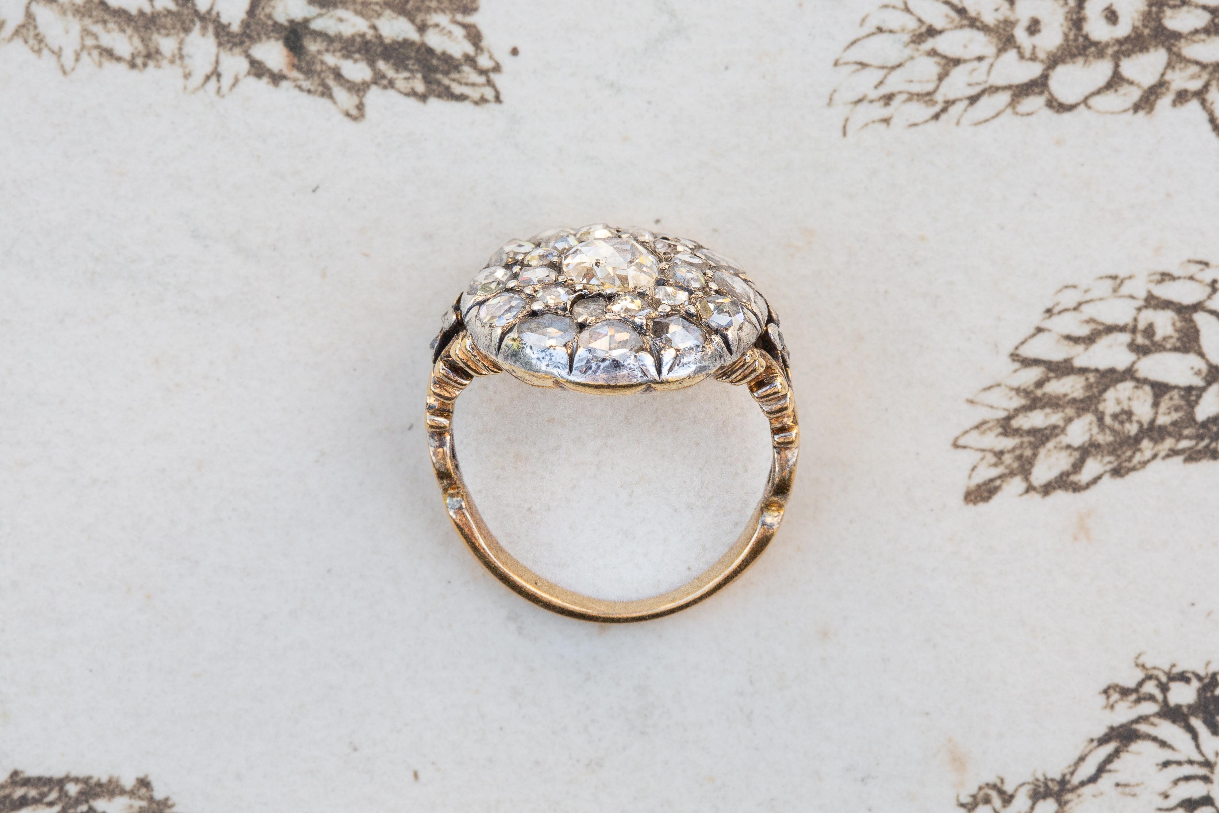 Scarce 18th Century Georgian Rococo Diamond Cluster Ring c. 1760 Rose Cut  In Excellent Condition For Sale In London, GB