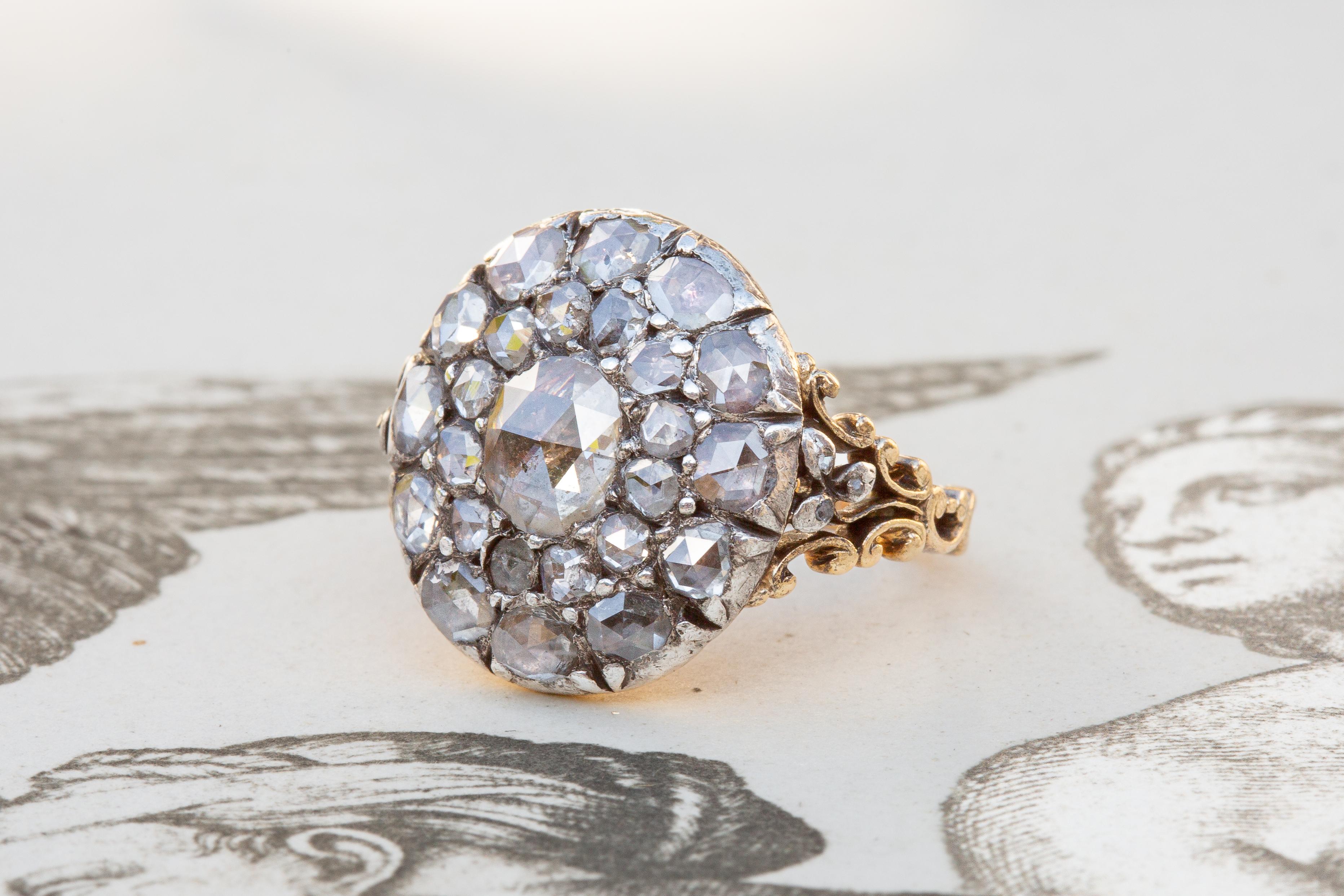 Scarce 18th Century Georgian Rococo Diamond Cluster Ring c. 1760 Rose Cut  For Sale 1