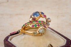 Scarce 19th Century South Indian Gold Snake Twin Gimmel Ring Sapphire Emerald