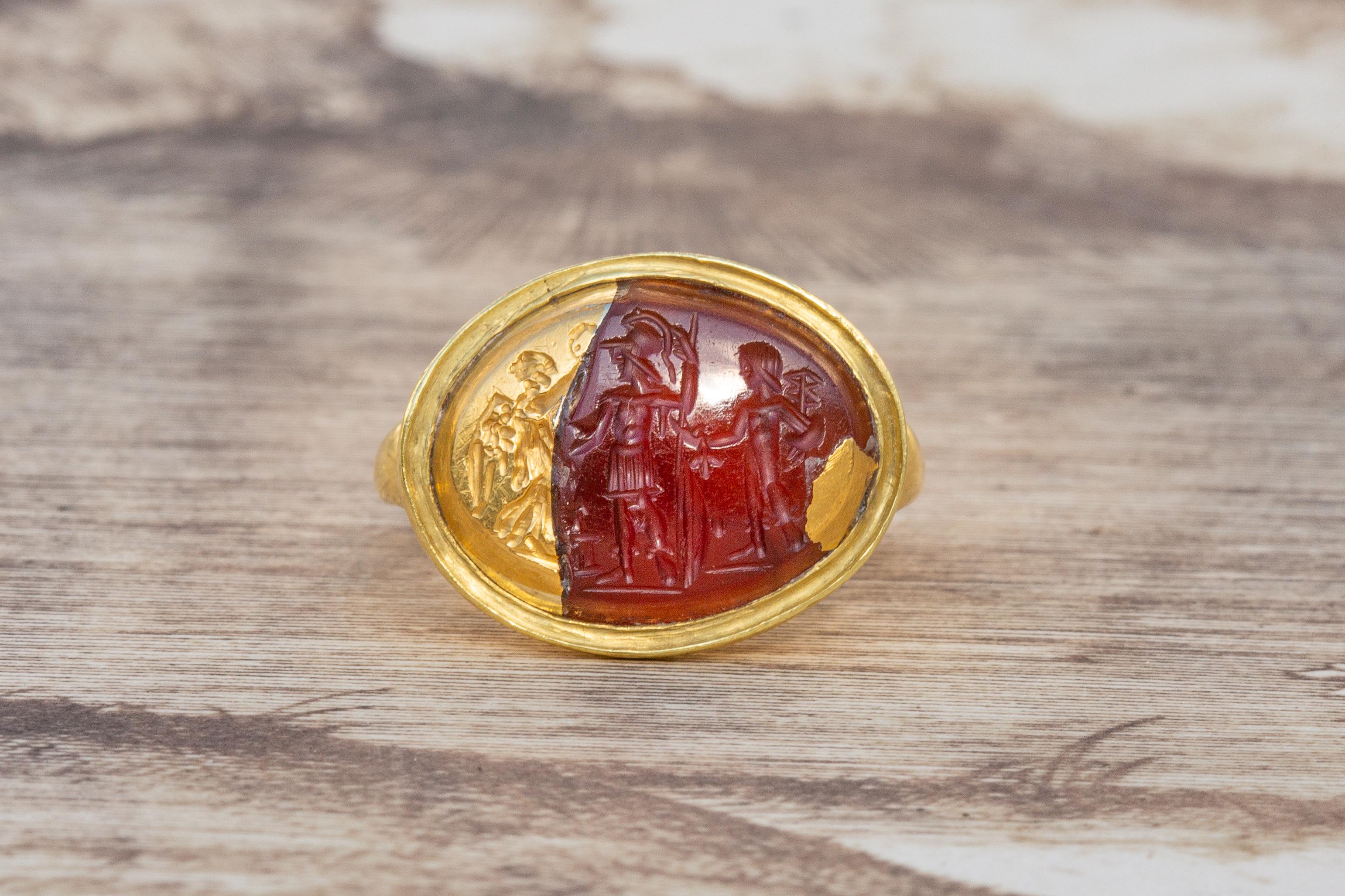 Scarce Ancient Roman Carnelian Intaglio of NIKE and Warriors in 21k Gold Signet 3