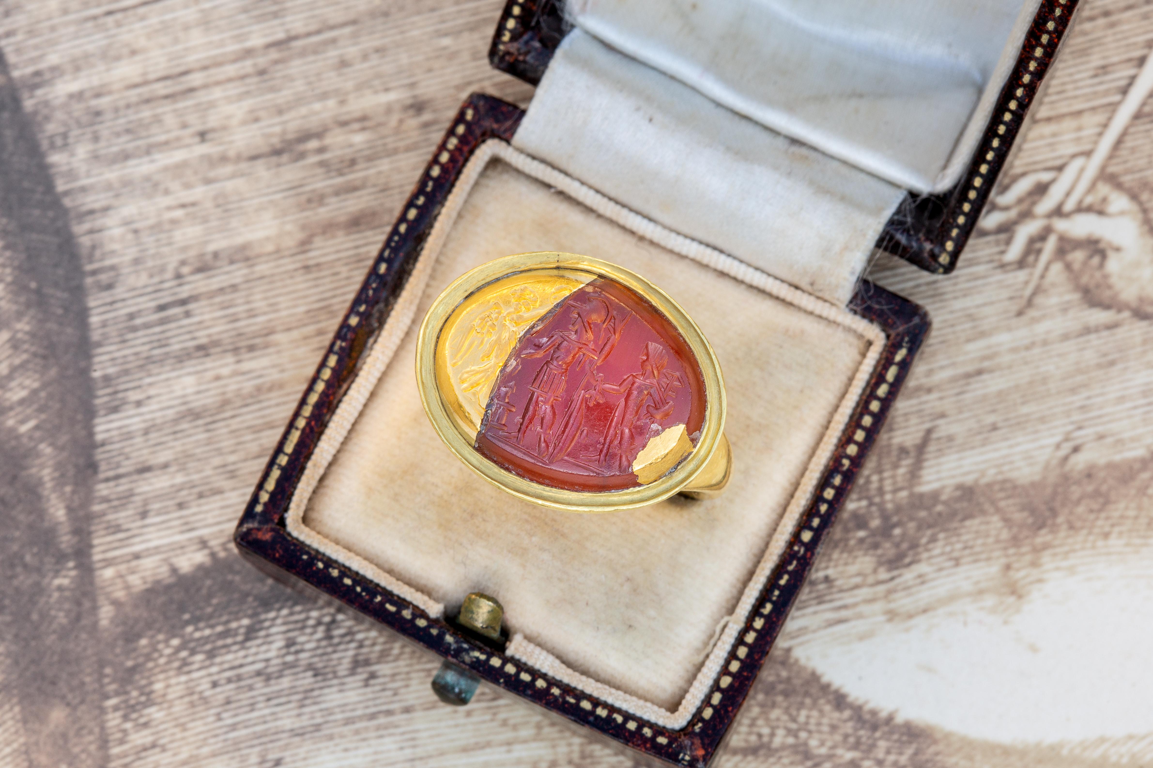 Scarce Ancient Roman Carnelian Intaglio of NIKE and Warriors in 21k Gold Signet 9