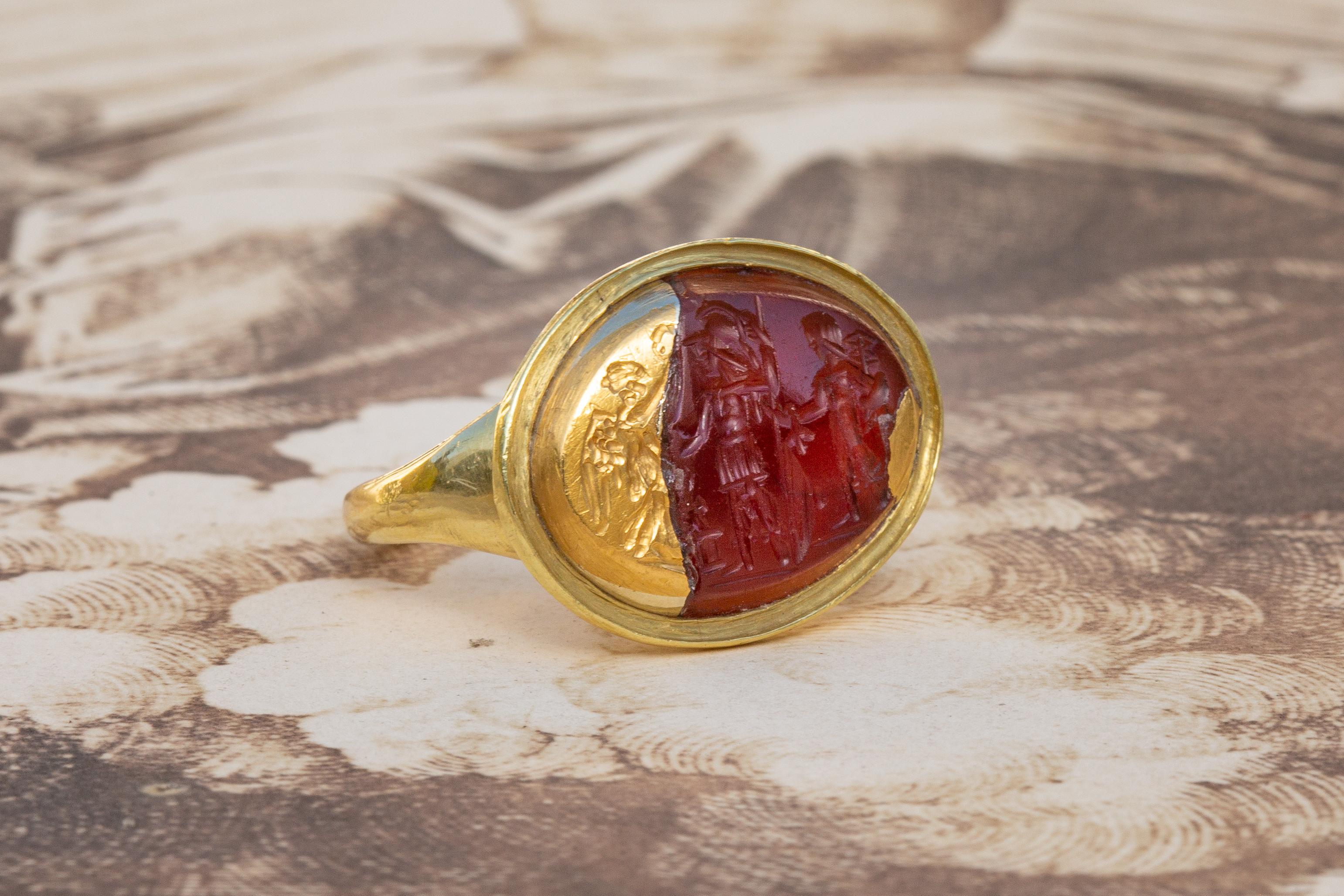 Classical Roman Scarce Ancient Roman Carnelian Intaglio of NIKE and Warriors in 21k Gold Signet