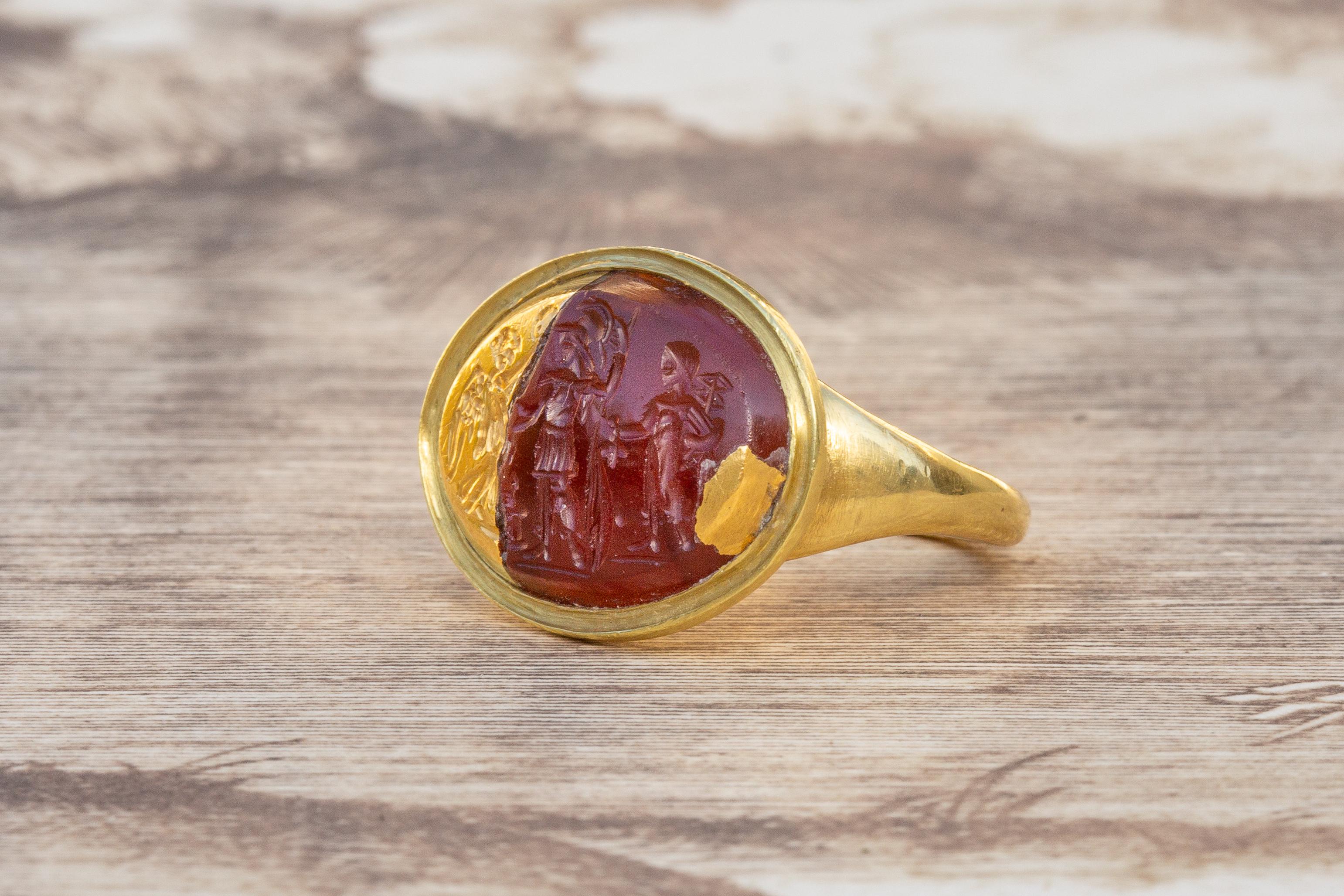 Scarce Ancient Roman Carnelian Intaglio of NIKE and Warriors in 21k Gold Signet 2