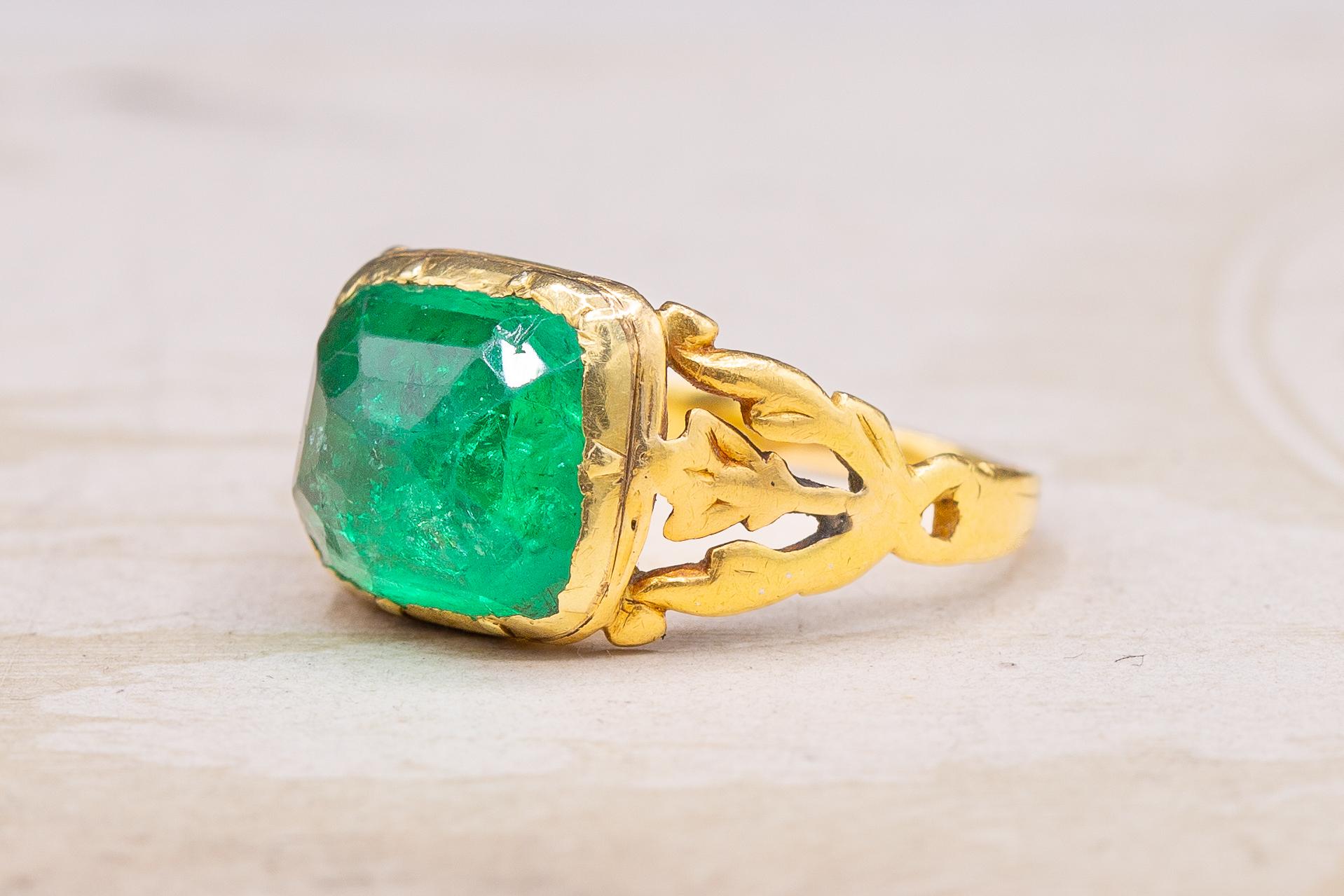 Emerald Cut Scarce Antique 18th Century Mughal 5ct Colombian Emerald Gold Ring Certified  For Sale