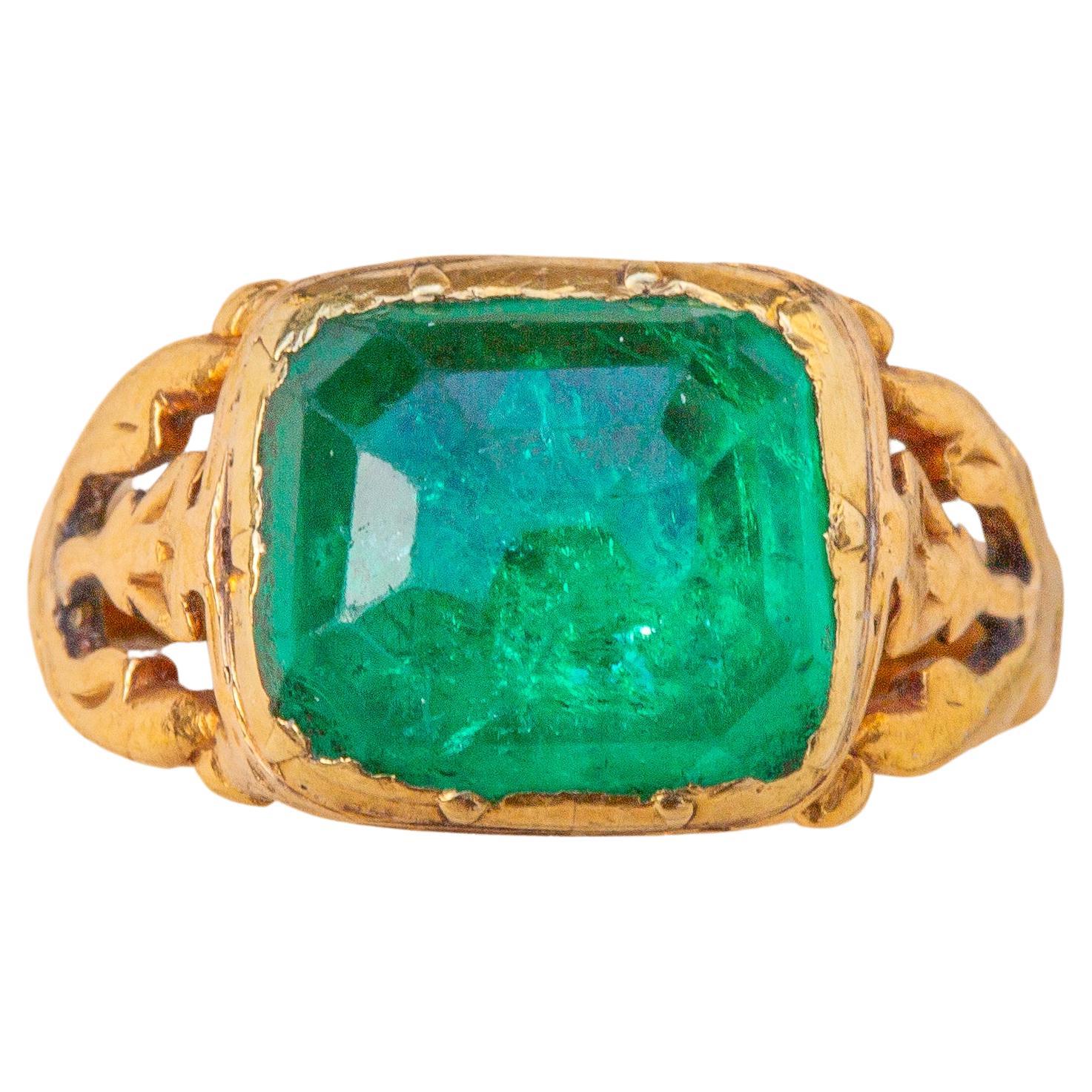 Scarce Antique 18th Century Mughal 5ct Colombian Emerald Gold Ring Certified  For Sale