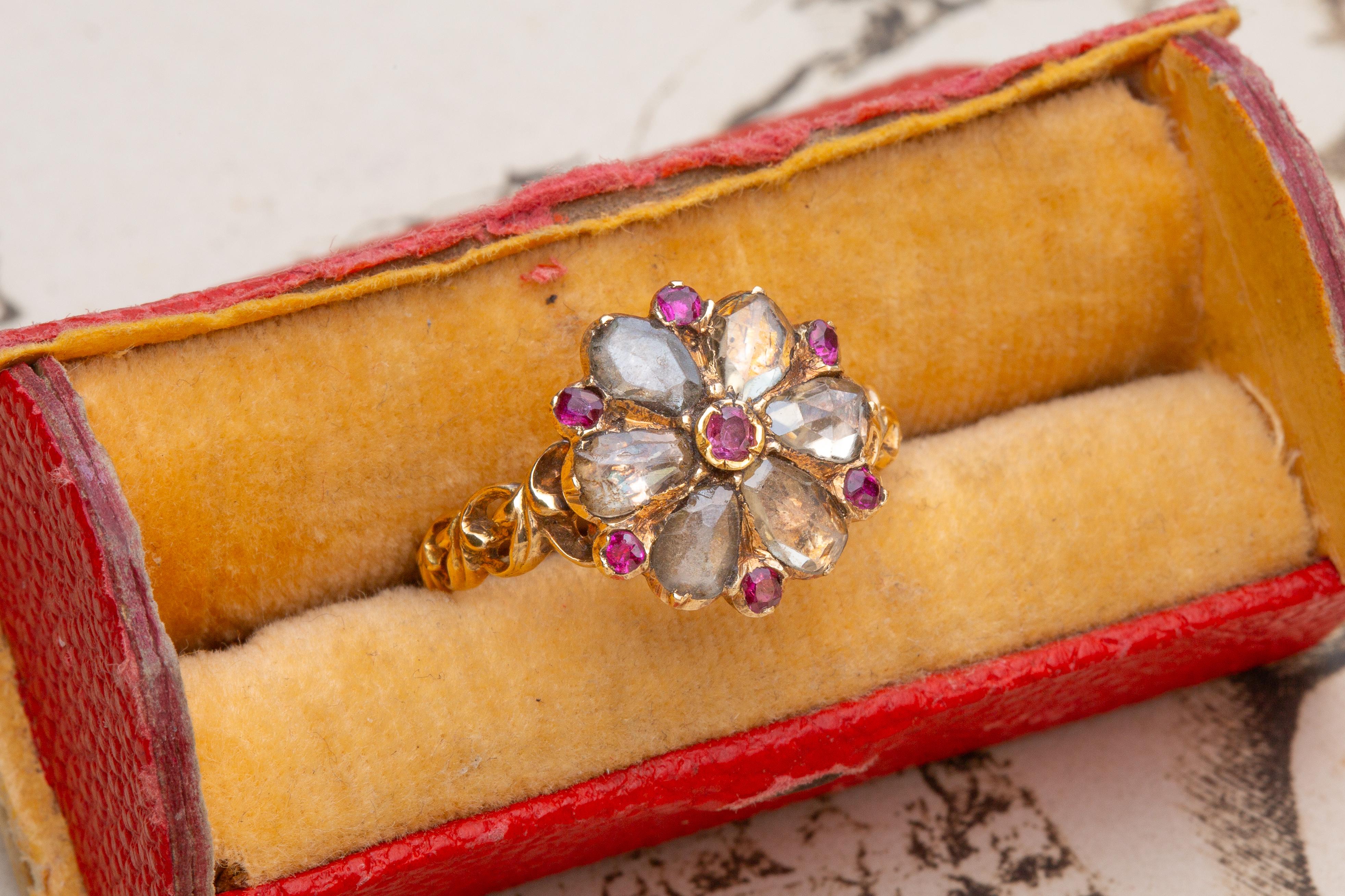 Scarce Antique Georgian Period Floral Cluster Ring French 18K Gold Pink Ruby  3