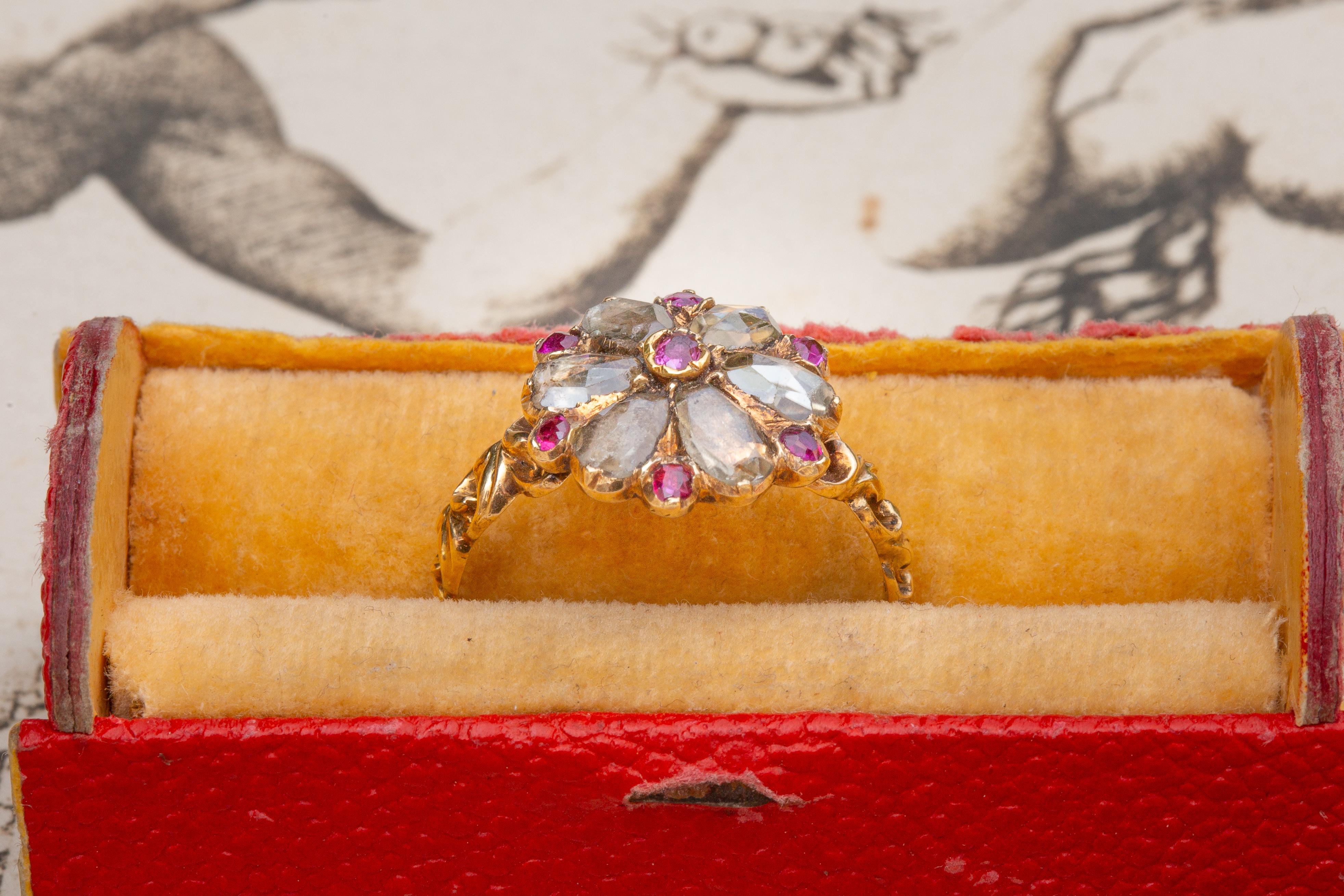 Scarce Antique Georgian Period Floral Cluster Ring French 18K Gold Pink Ruby  4