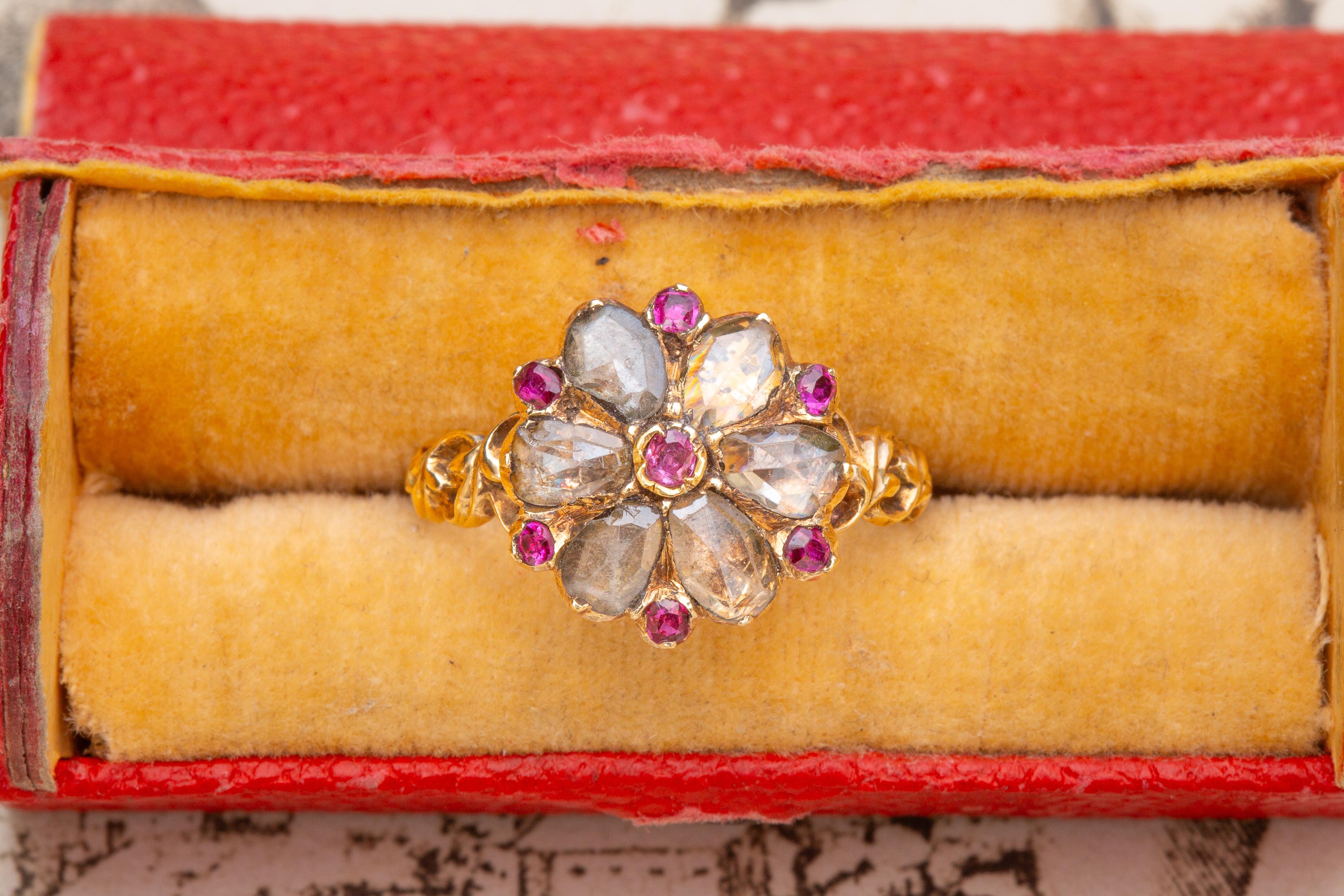 Scarce Antique Georgian Period Floral Cluster Ring French 18K Gold Pink Ruby  5