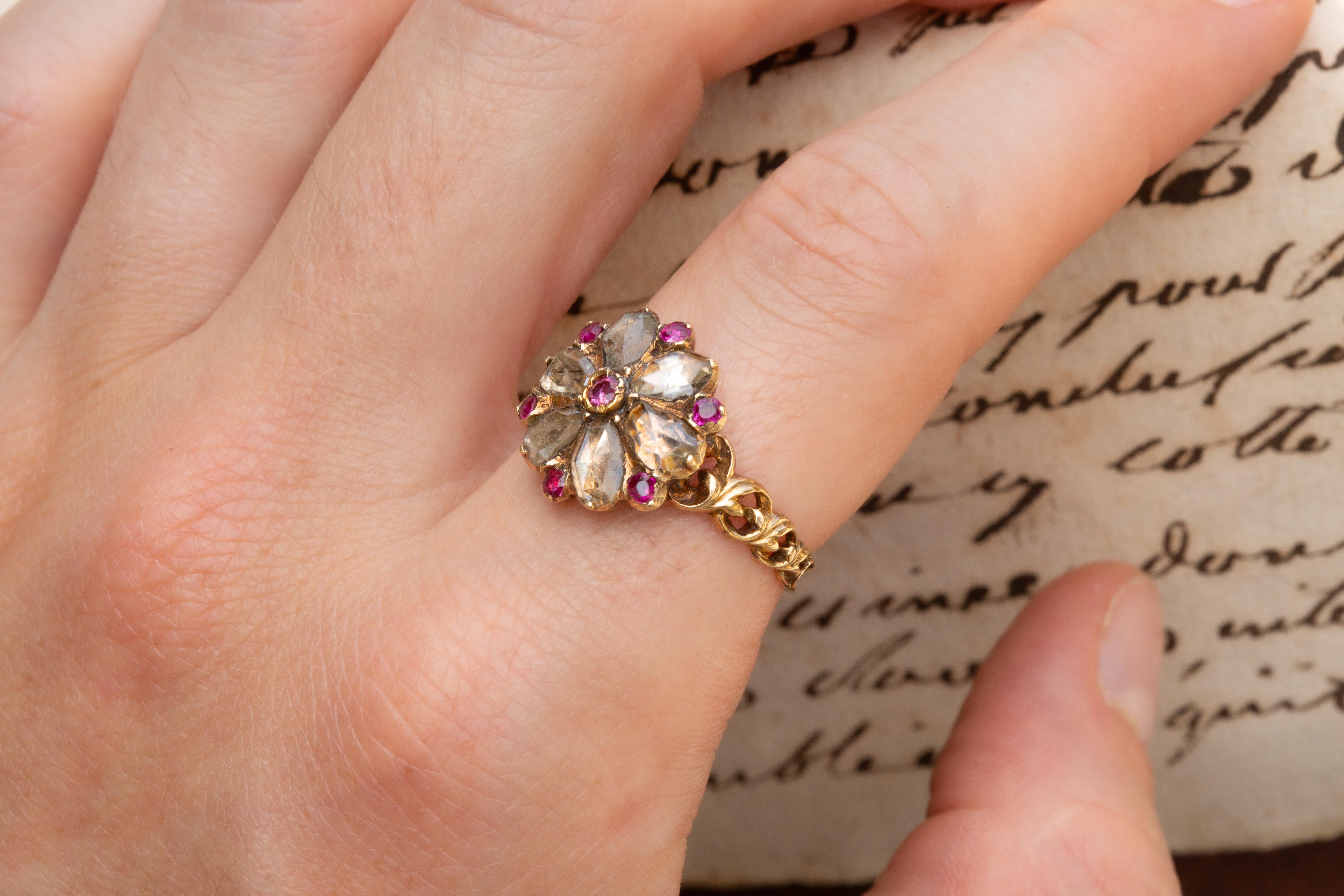 Scarce Antique Georgian Period Floral Cluster Ring French 18K Gold Pink Ruby  6