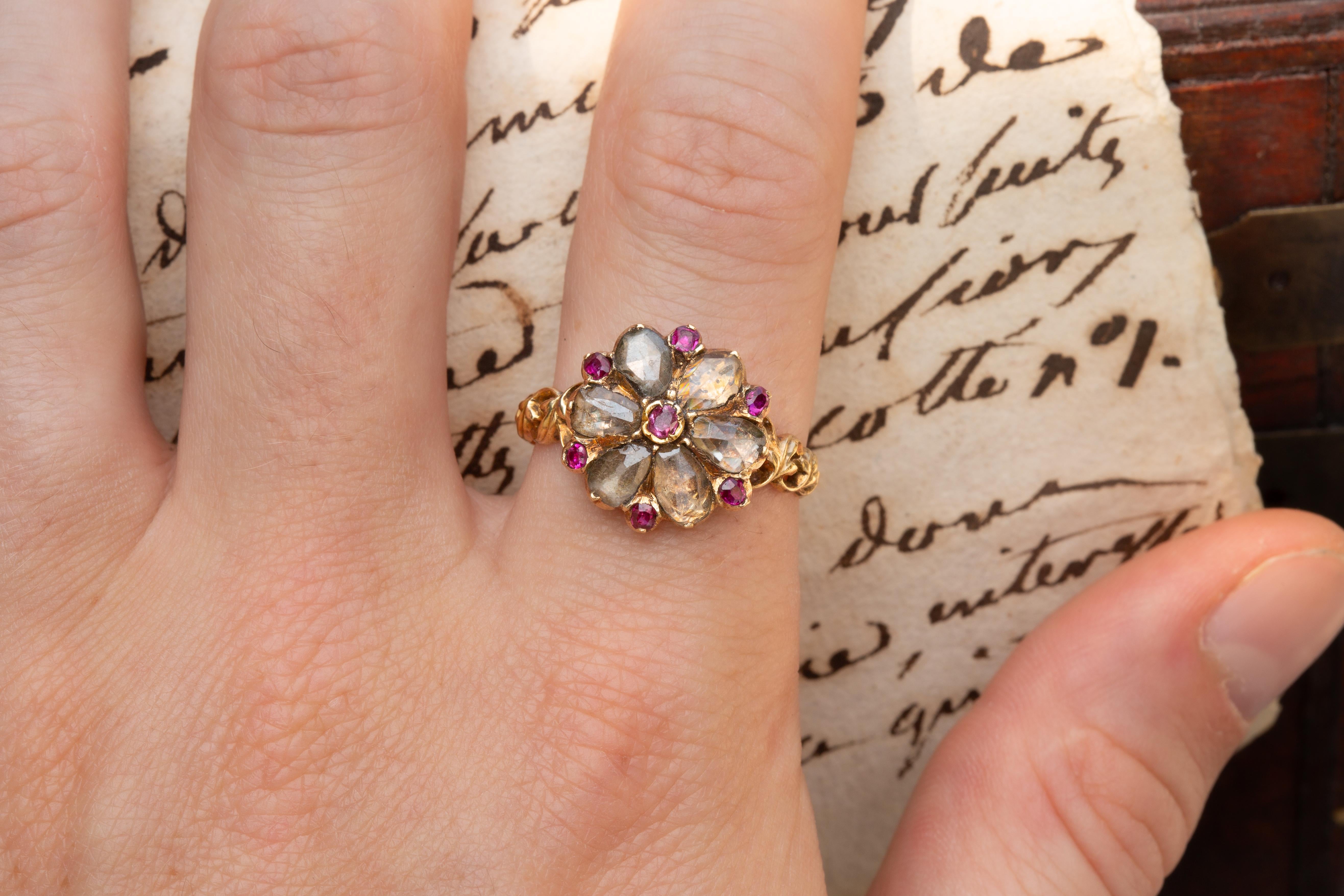 Scarce Antique Georgian Period Floral Cluster Ring French 18K Gold Pink Ruby  7