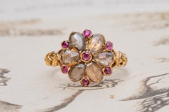 Scarce Antique Georgian Period Floral Cluster Ring French 18K Gold Pink Ruby
