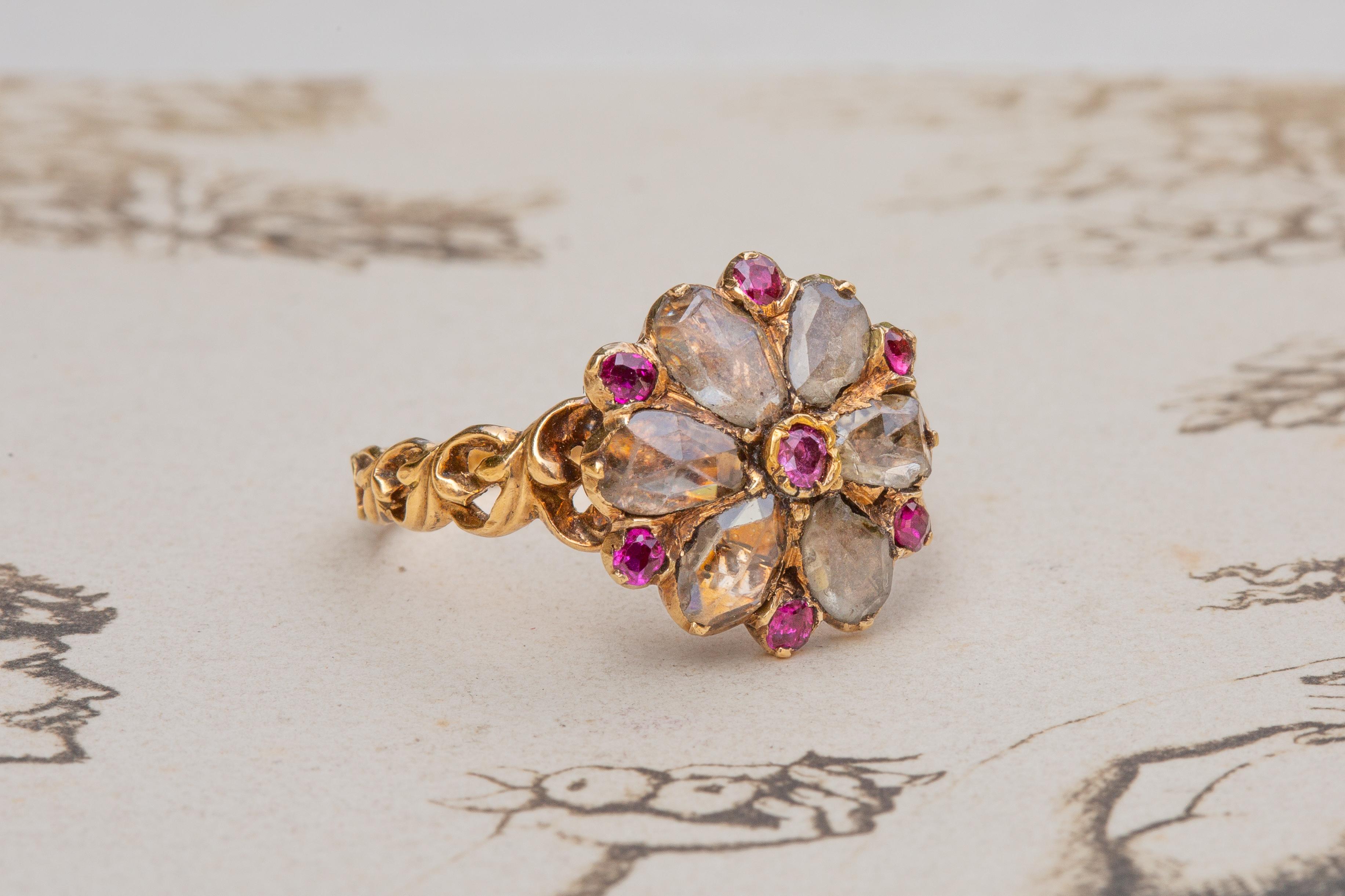 Scarce Antique Georgian Period Floral Cluster Ring French 18K Gold Pink Ruby  In Good Condition In London, GB