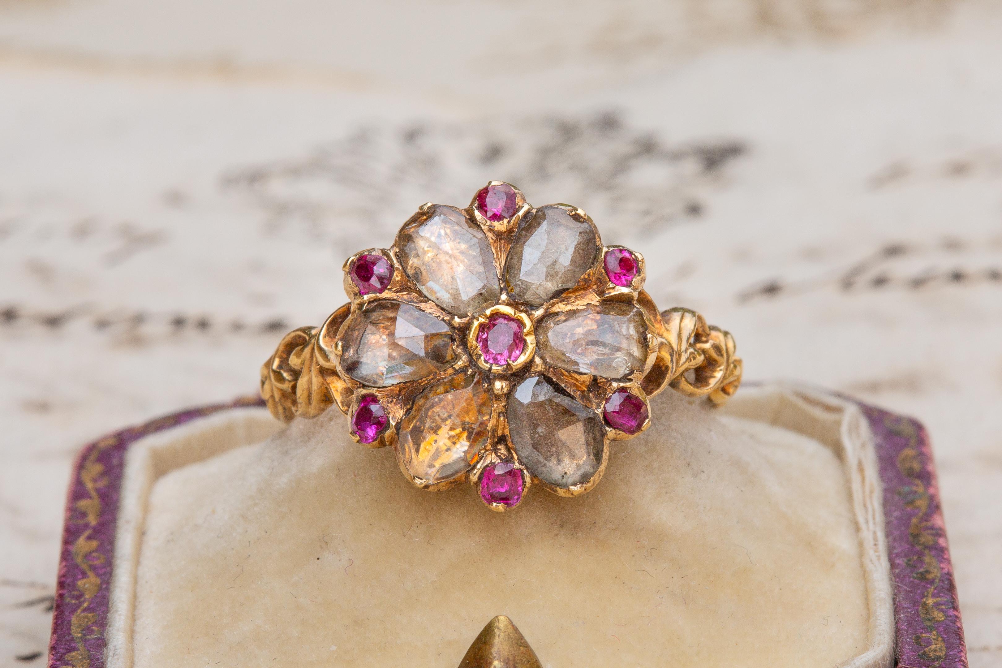 Women's or Men's Scarce Antique Georgian Period Floral Cluster Ring French 18K Gold Pink Ruby 