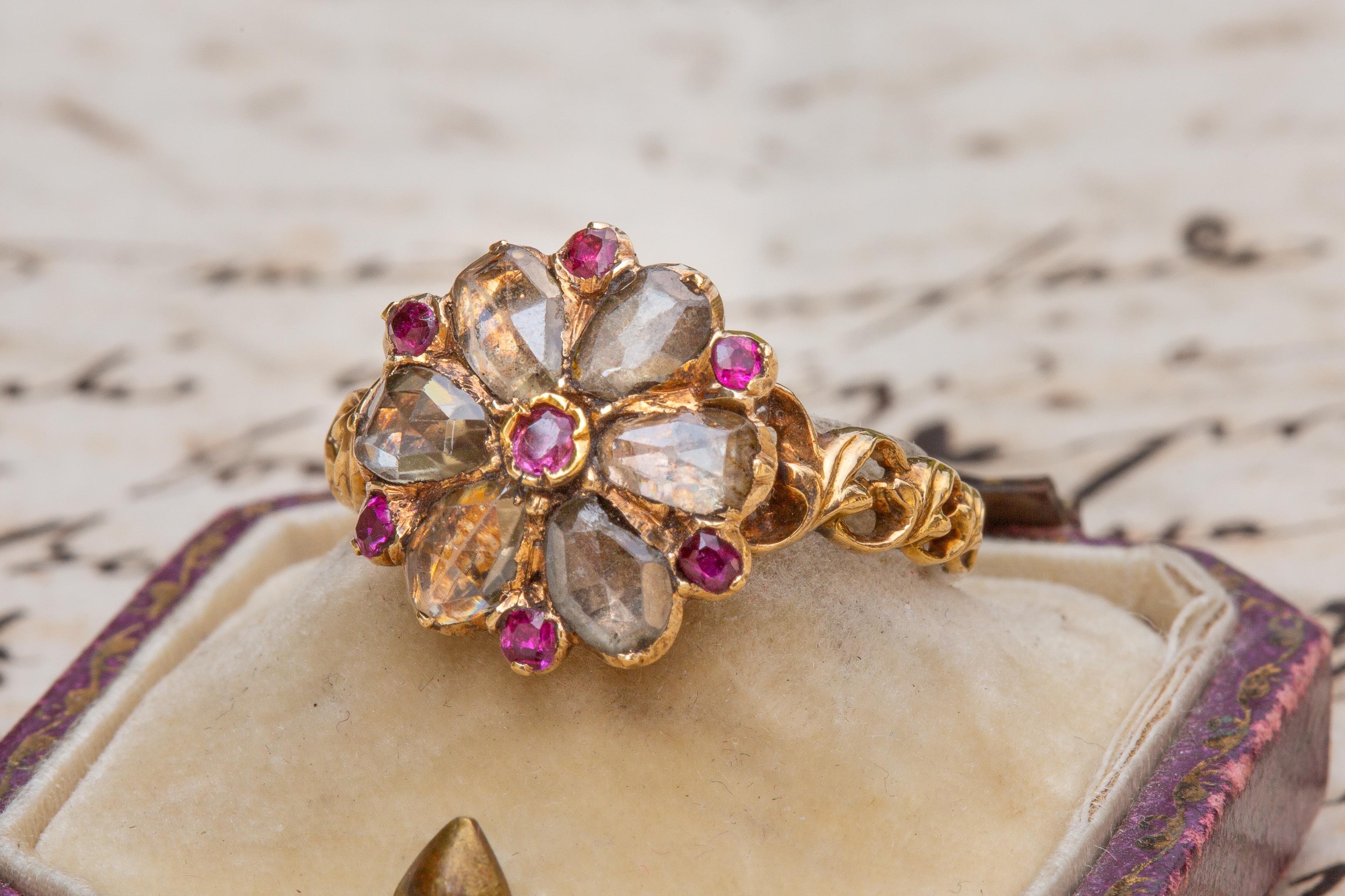 Scarce Antique Georgian Period Floral Cluster Ring French 18K Gold Pink Ruby  1