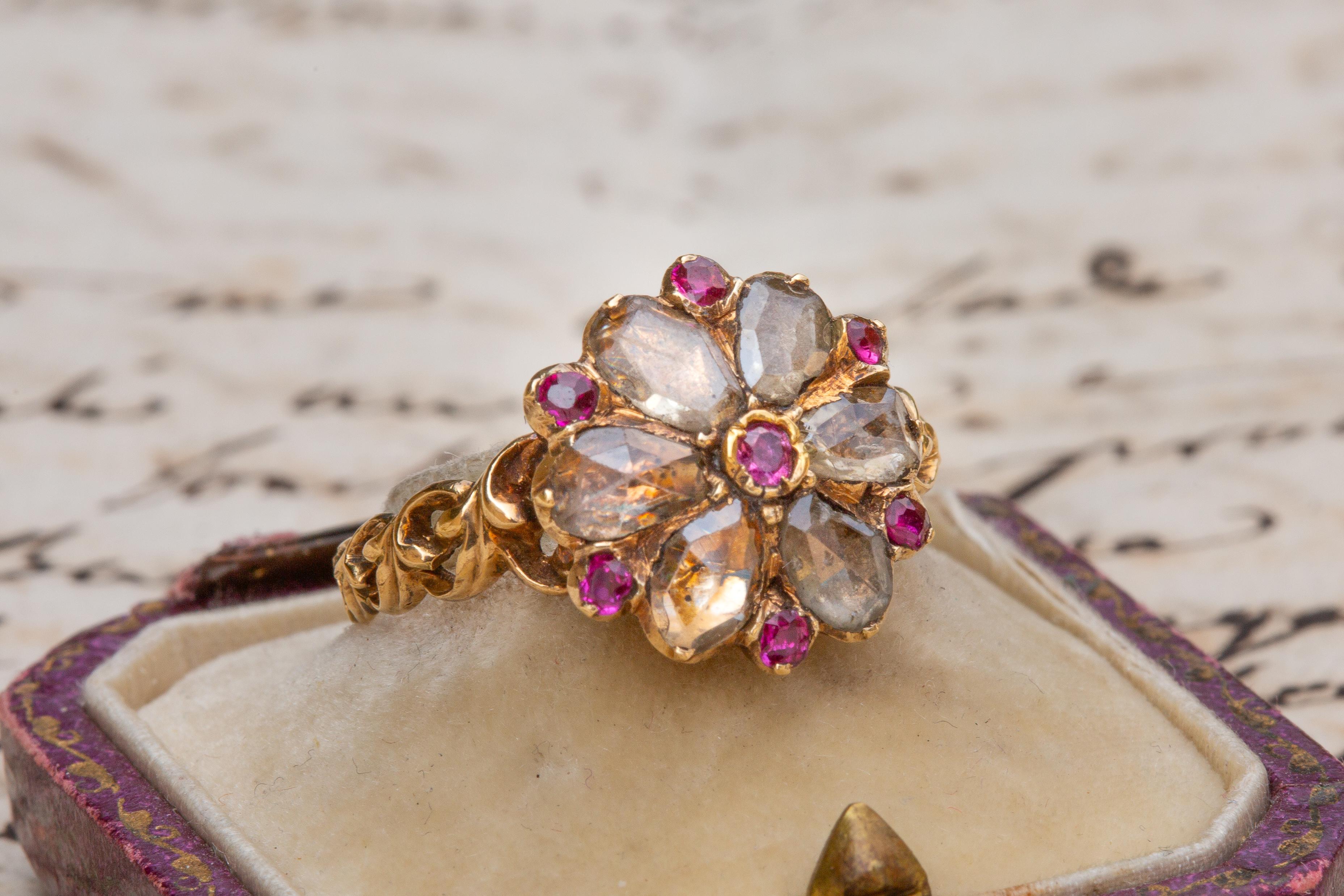 Scarce Antique Georgian Period Floral Cluster Ring French 18K Gold Pink Ruby  2