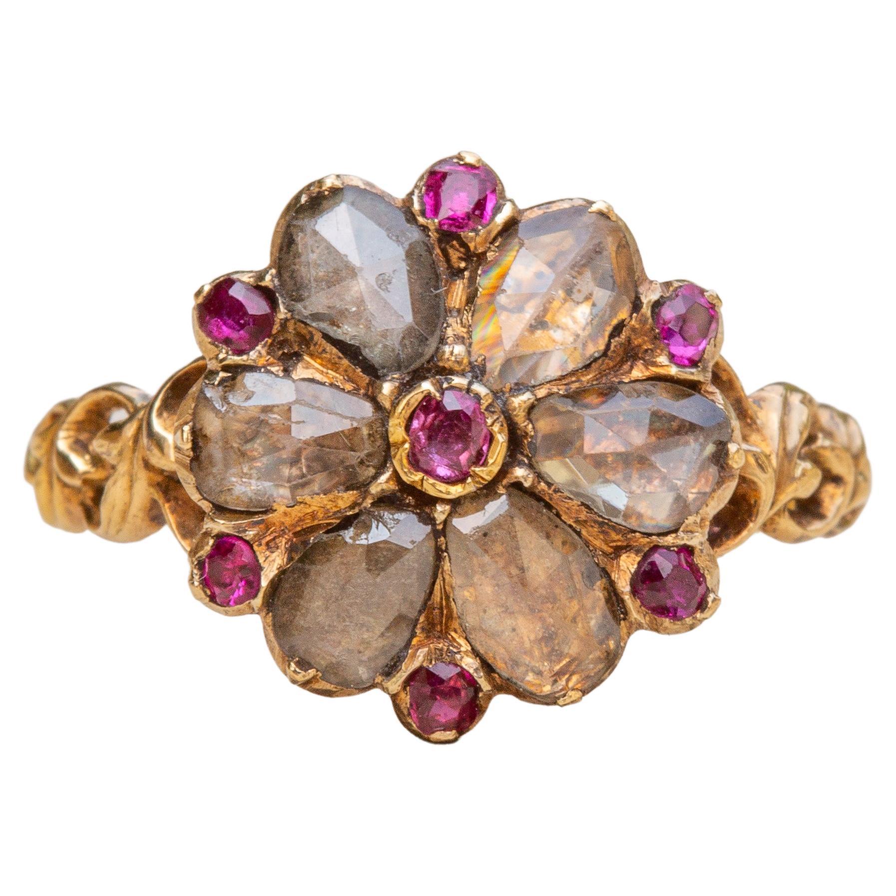 Scarce Antique Georgian Period Floral Cluster Ring French 18K Gold Pink Ruby 