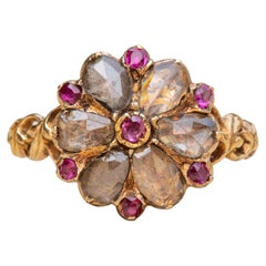 Scarce Antique Georgian Period Floral Cluster Ring French 18K Gold Pink Ruby
