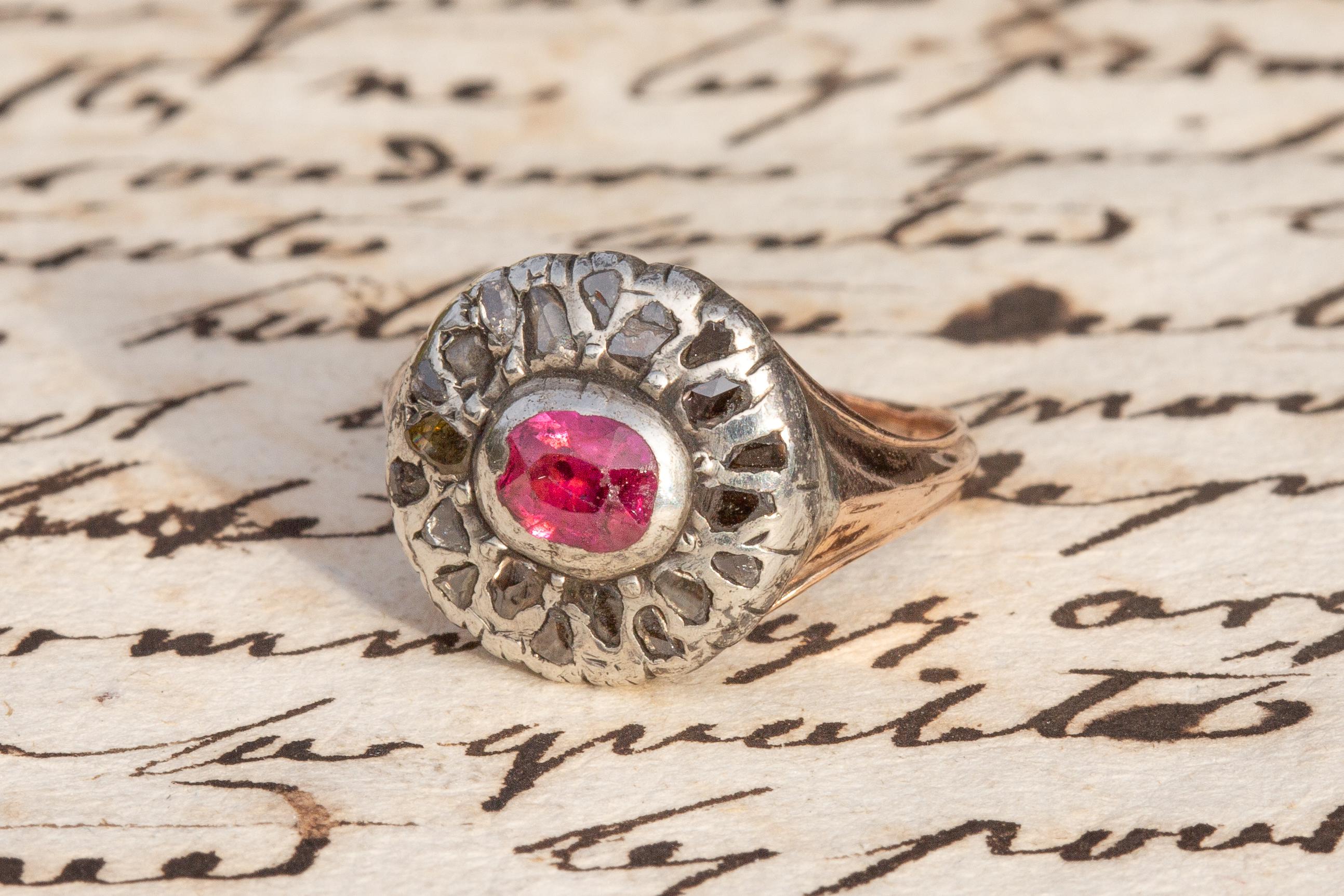 Scarce Antique Georgian Pink Ruby and Diamond Floral Cluster Ring c 1800 Italian In Good Condition For Sale In London, GB