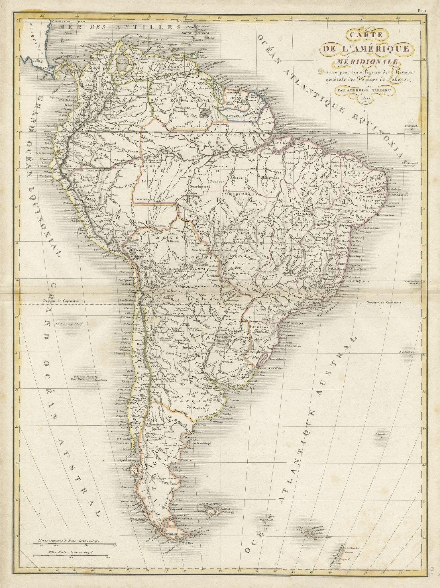 Antike Karte mit dem Titel 'Carte de l'Amérique Méridionale'. Seltene Karte von Südamerika, veröffentlicht in Paris im Jahr 1821. Die Karte zeigt den Kontinent inmitten einer jahrzehntelangen Revolution, die die geopolitische Landschaft und die